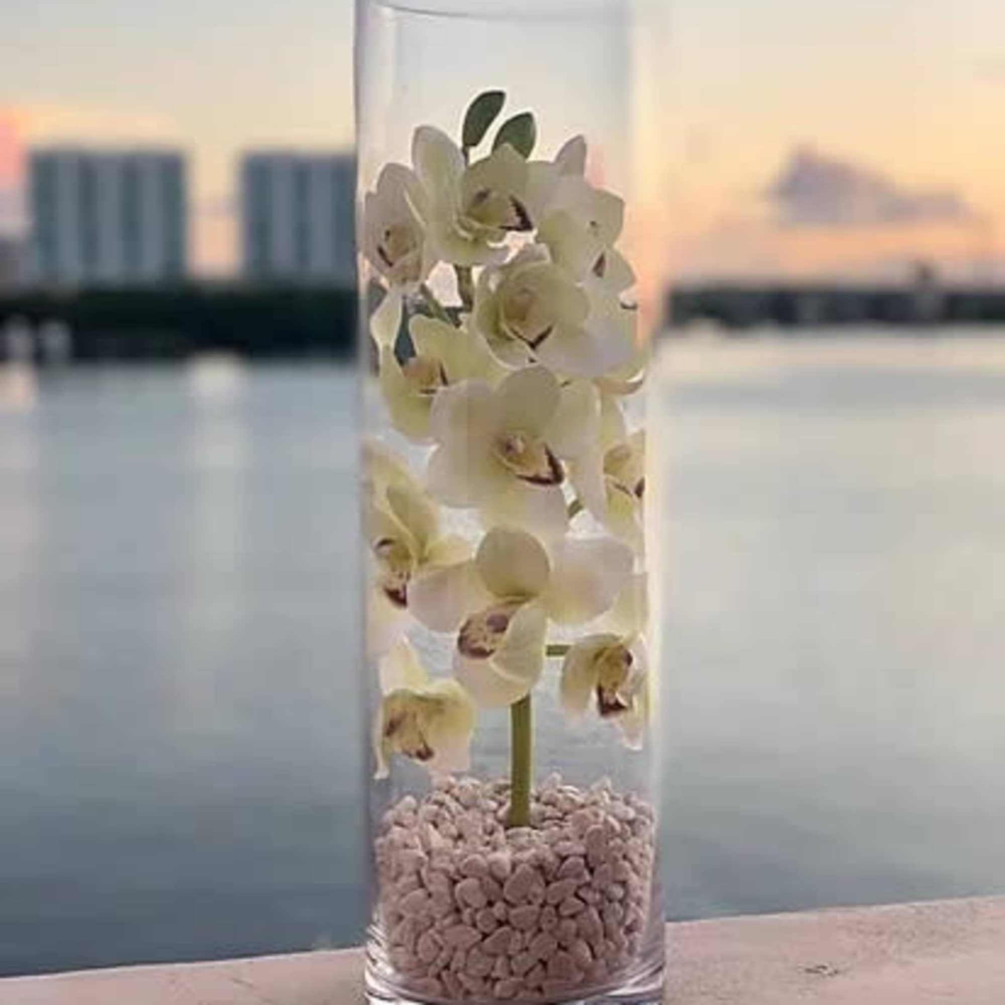 Silk orchid with stones in clear vase. Custom made. Beautiful decor for