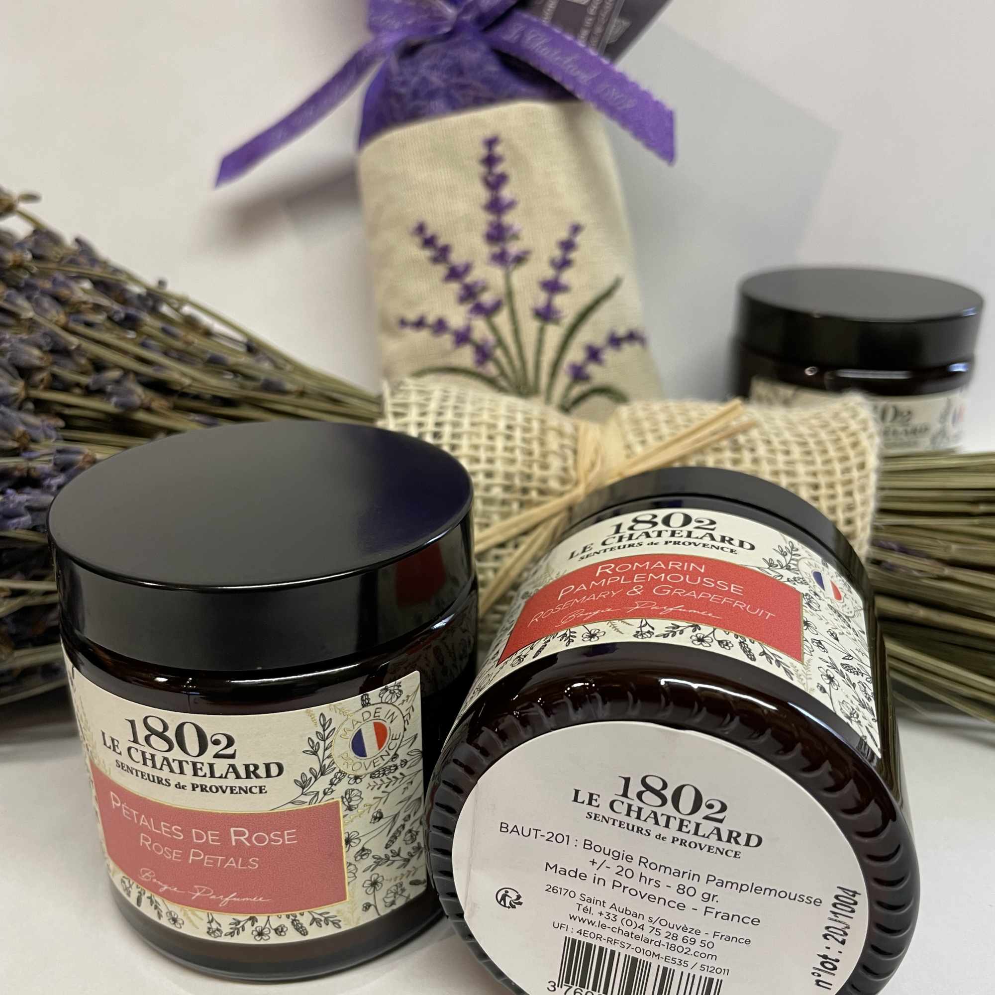 Lavender gift set with two candles and a lavender sachet