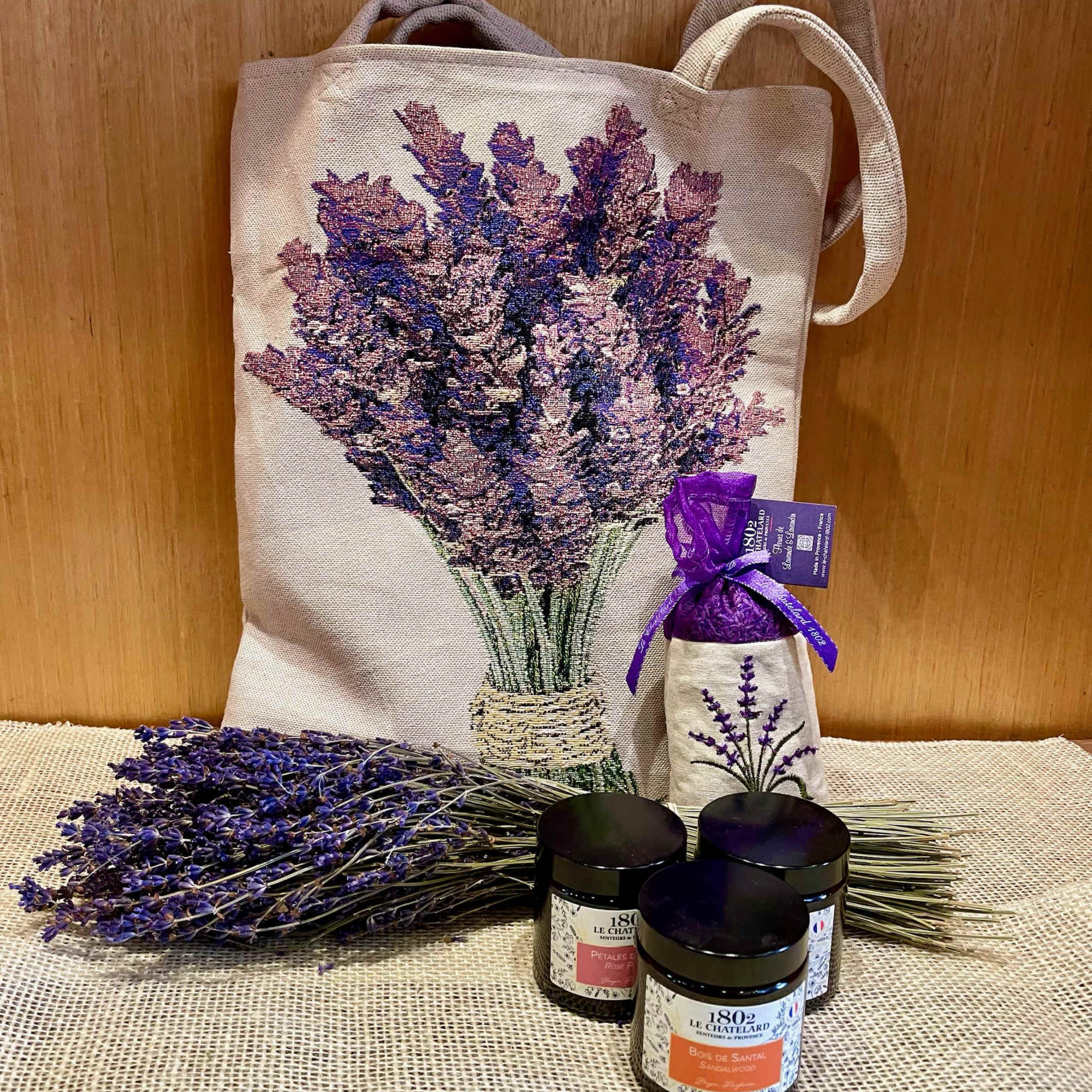 Lavender gift set with a tote bag, dried flowers, and scented jars