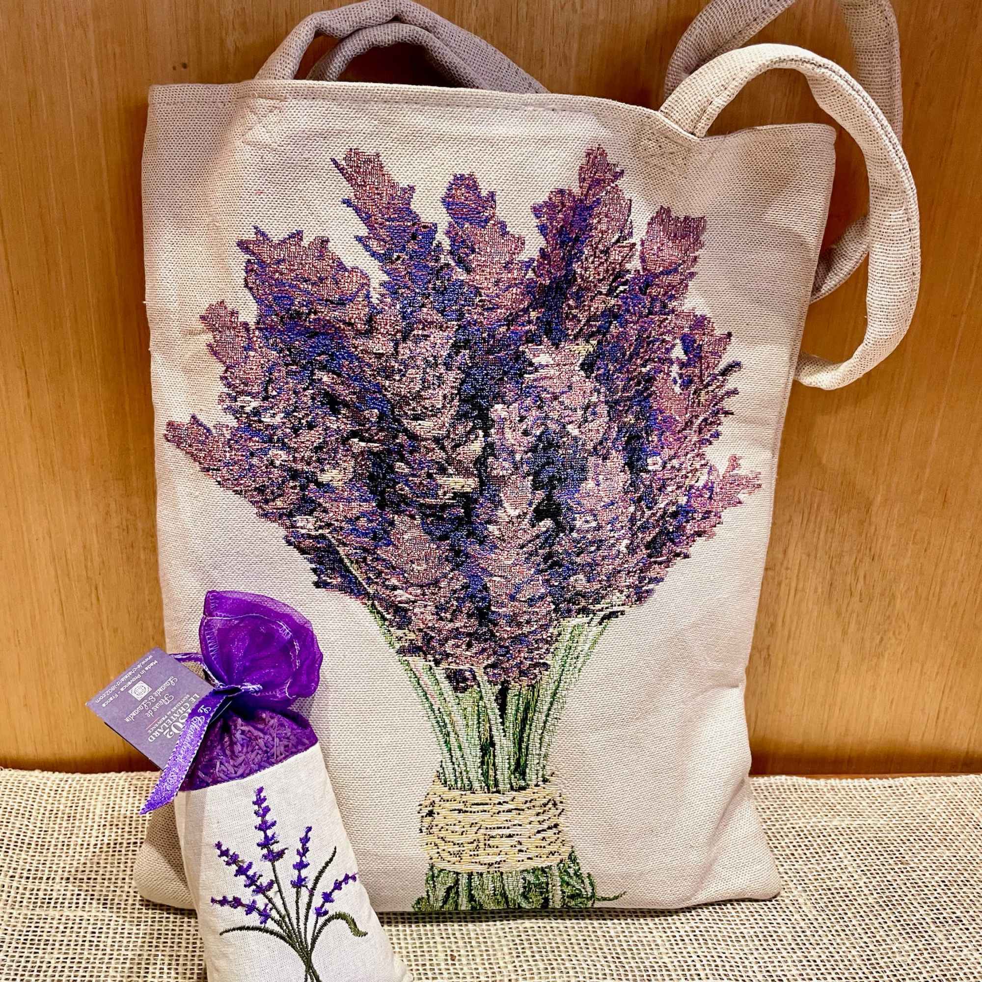 Tote bag and small sachet with lavender flower designs