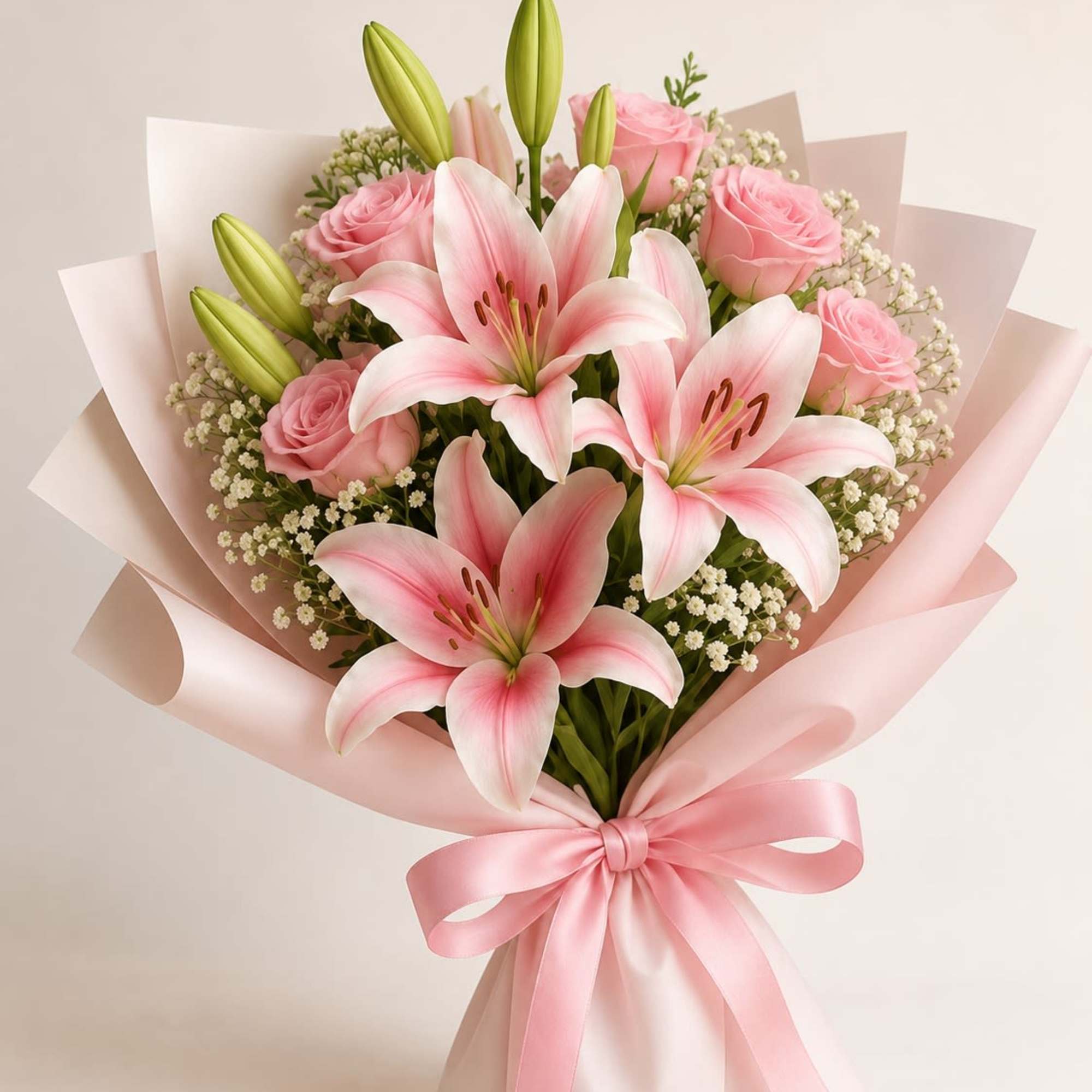 Pink lilies open wide above soft pink roses in this romantic bouquet-an