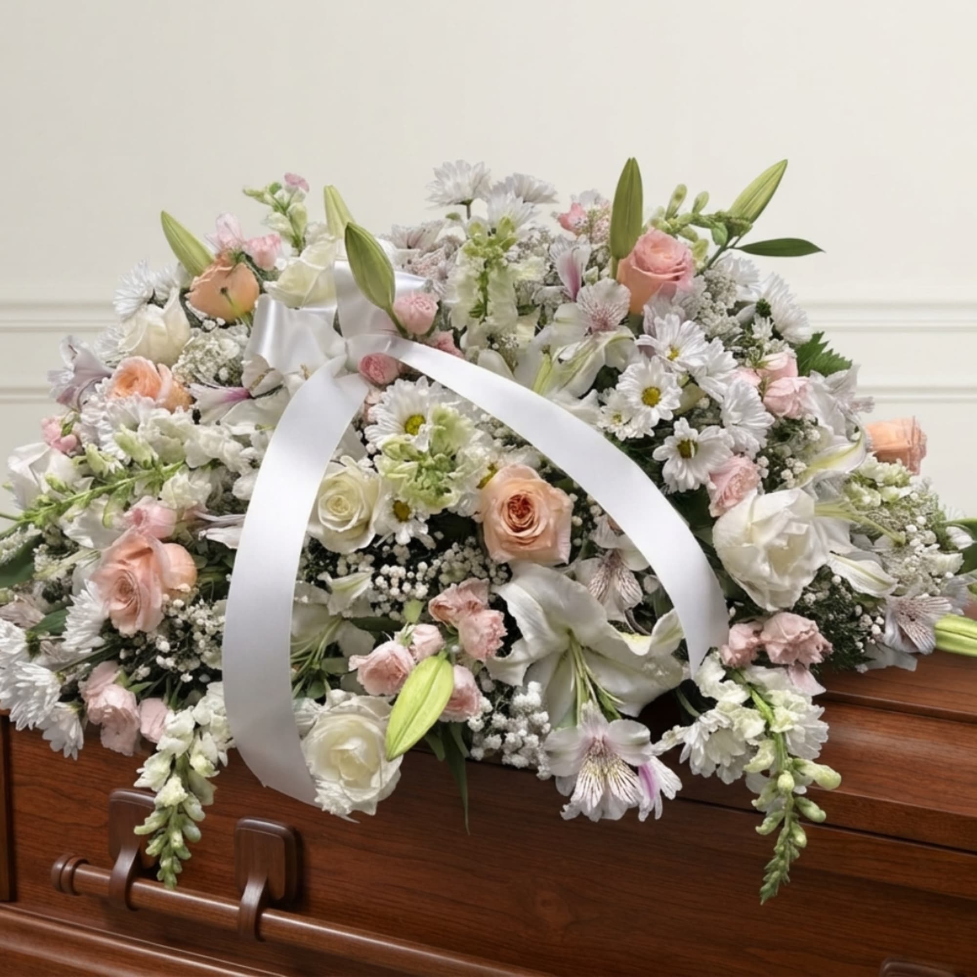 Pastel floral casket spray with white ribbon on a wooden coffin