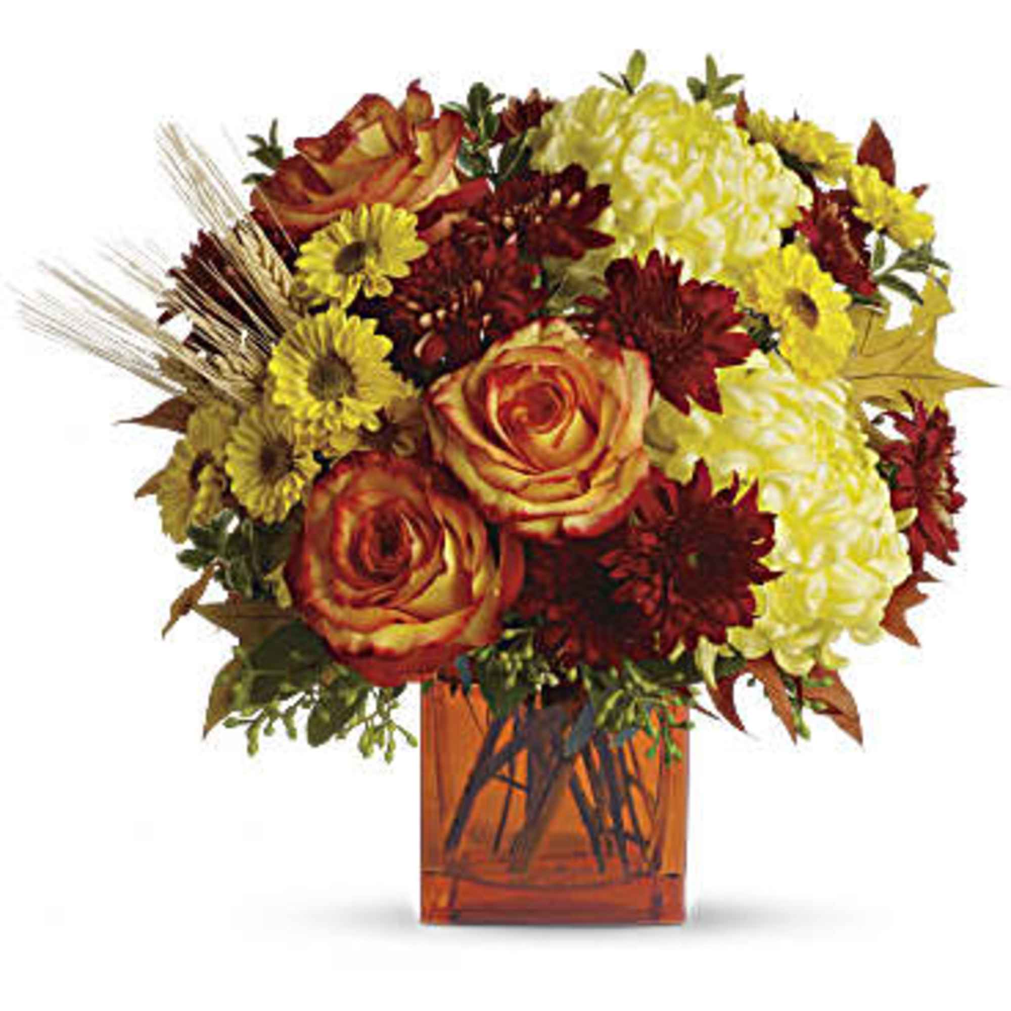 Bouquet of red and yellow roses with chrysanthemums in an amber vase
