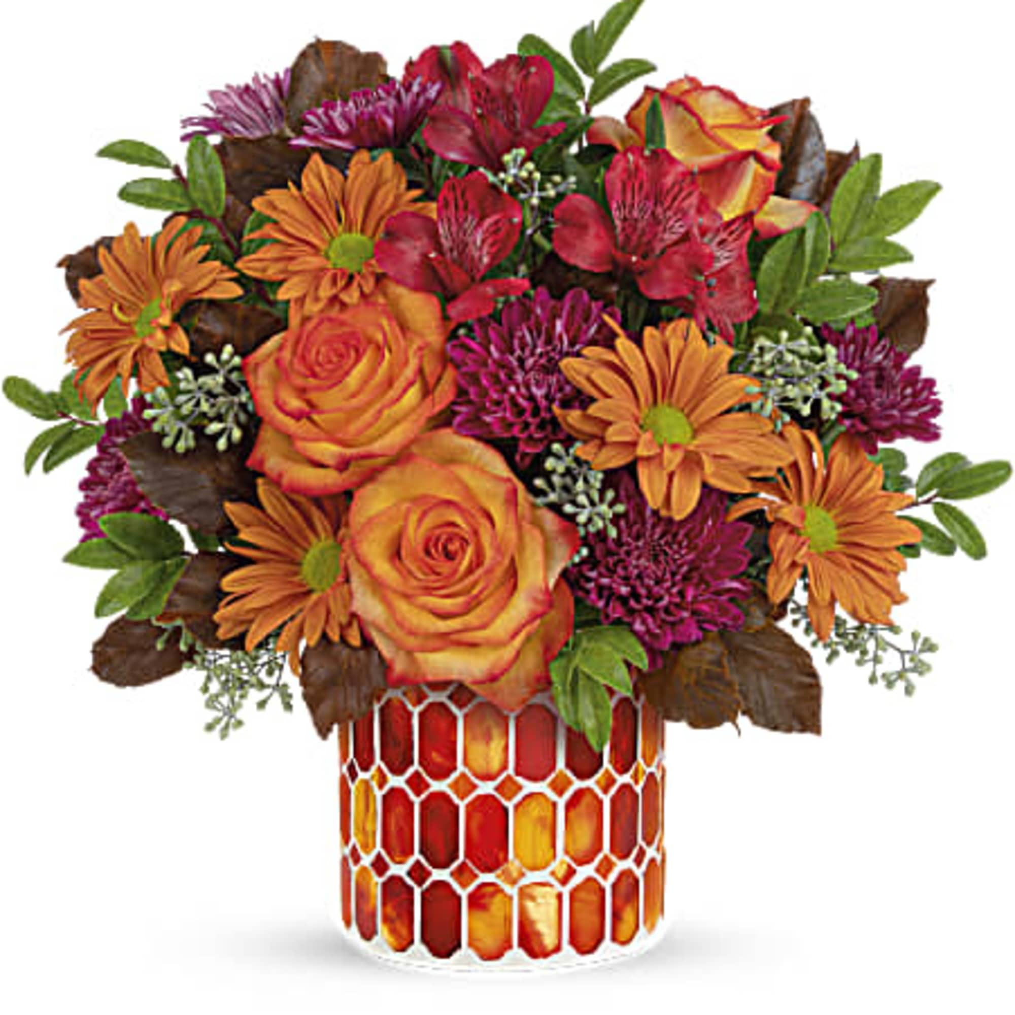 Like falling leaves, each piece of this fabulous stained glass mosaic vase