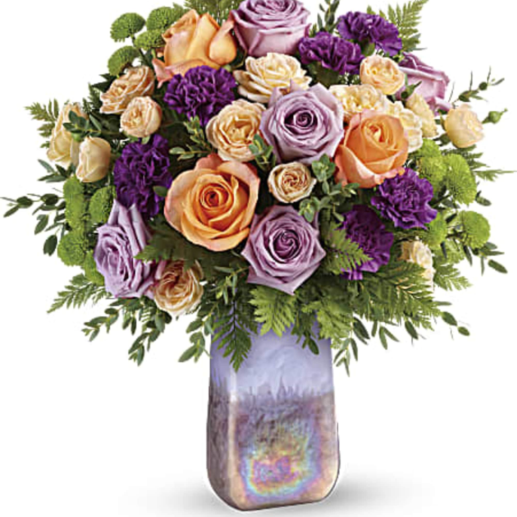 Bouquet of peach, lavender, and purple roses in a tall iridescent vase