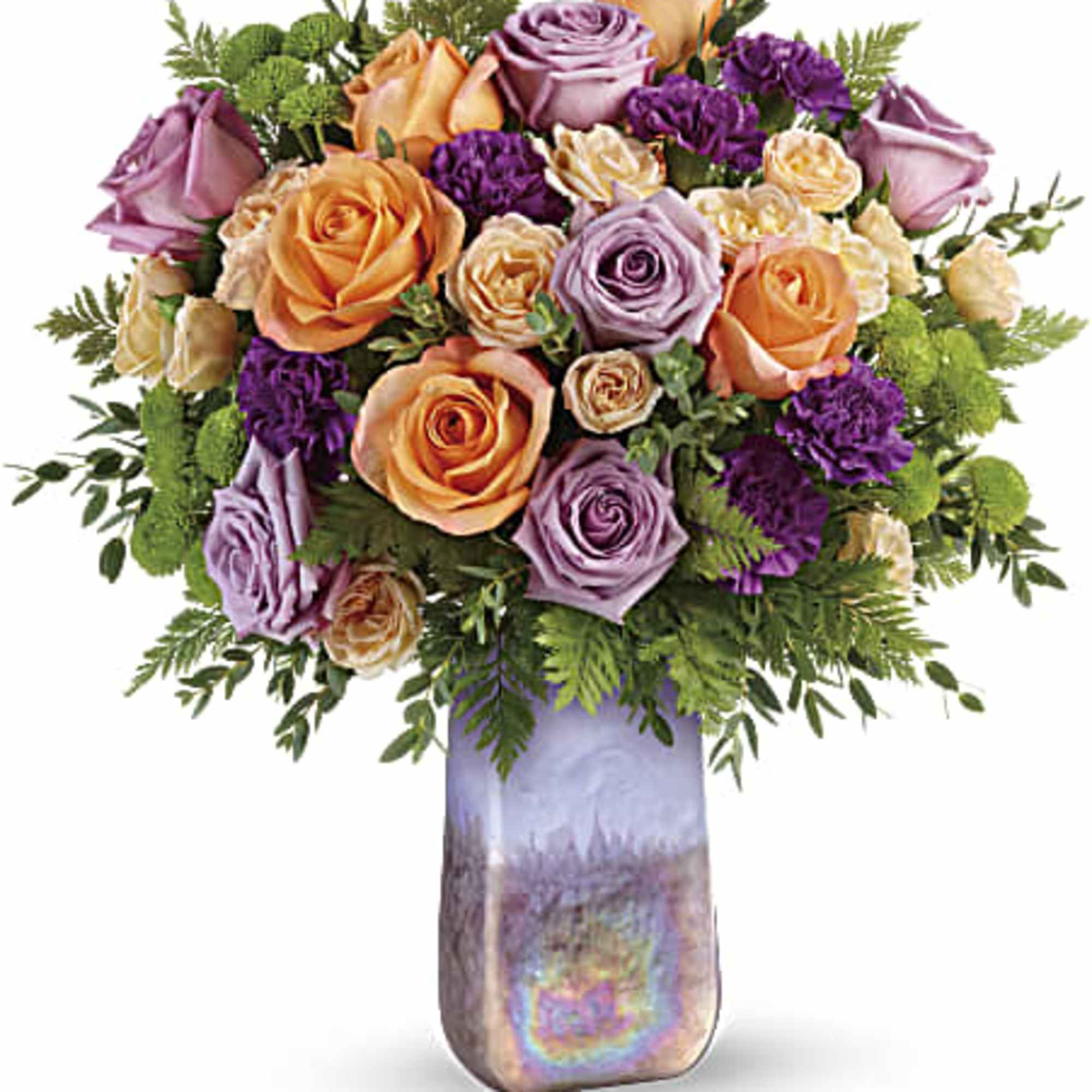 Mixed roses and carnations in a tall iridescent vase
