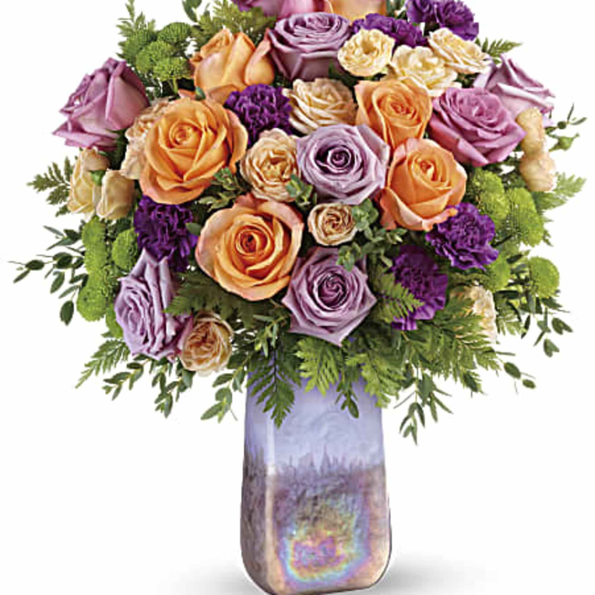 Bouquet of orange, lavender, and purple roses in a tall iridescent vase