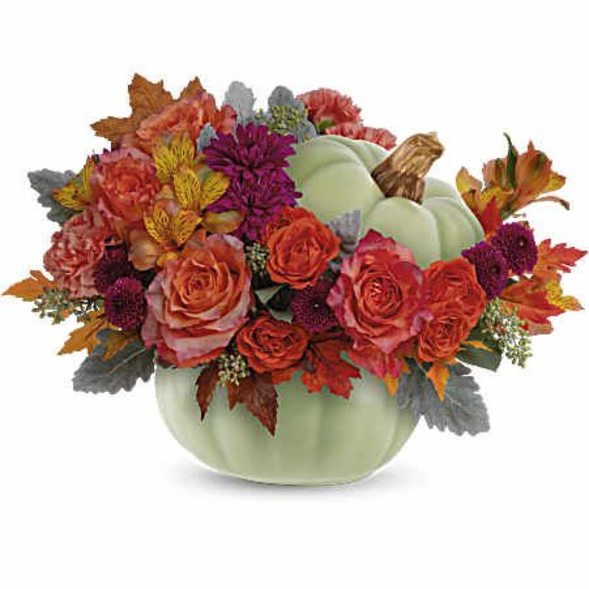 Nestled in a timeless hand-painted ceramic pumpkin, its earthy hues and gorgeous
