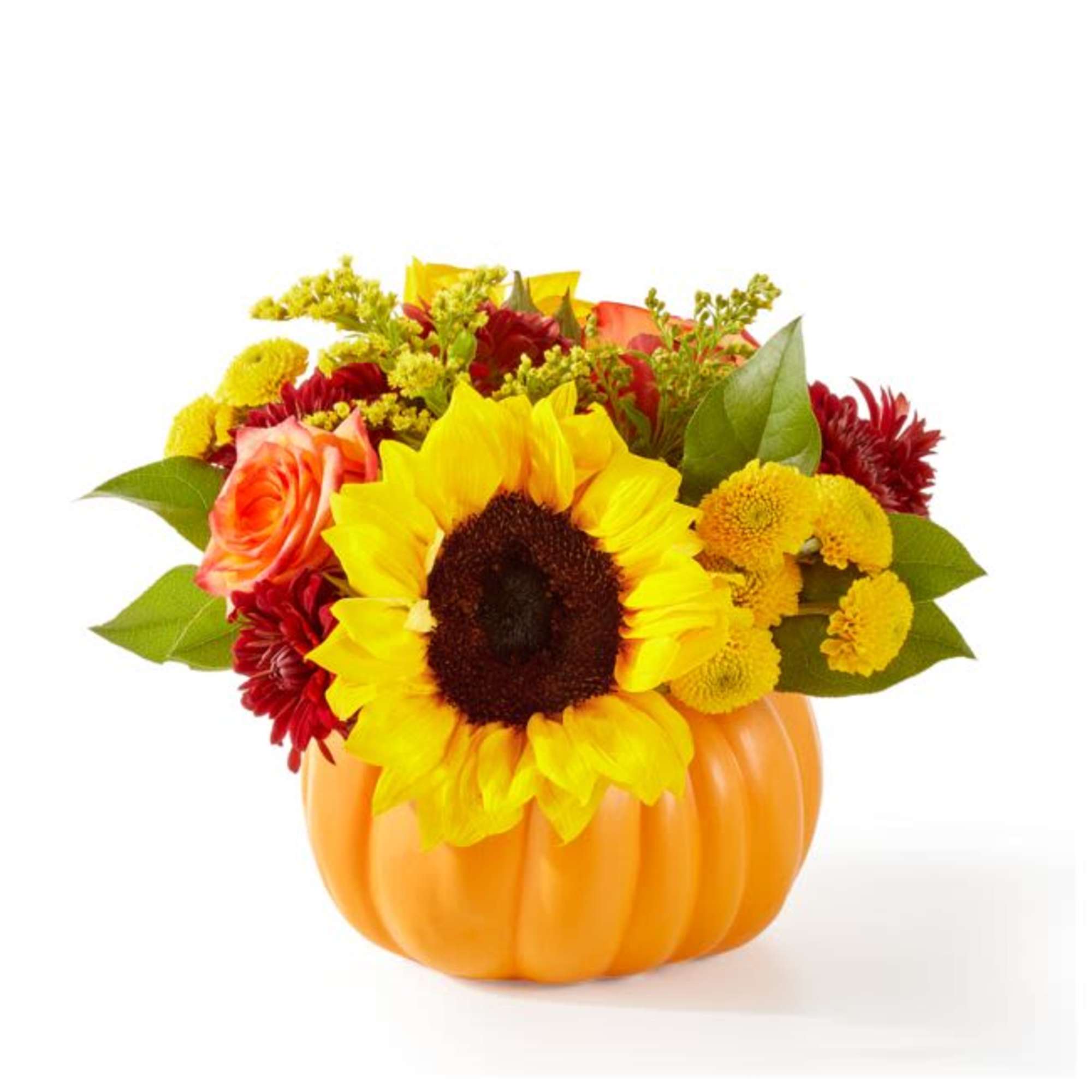 A golden gourd filled to the brim with striking sunflowers and gorgeous