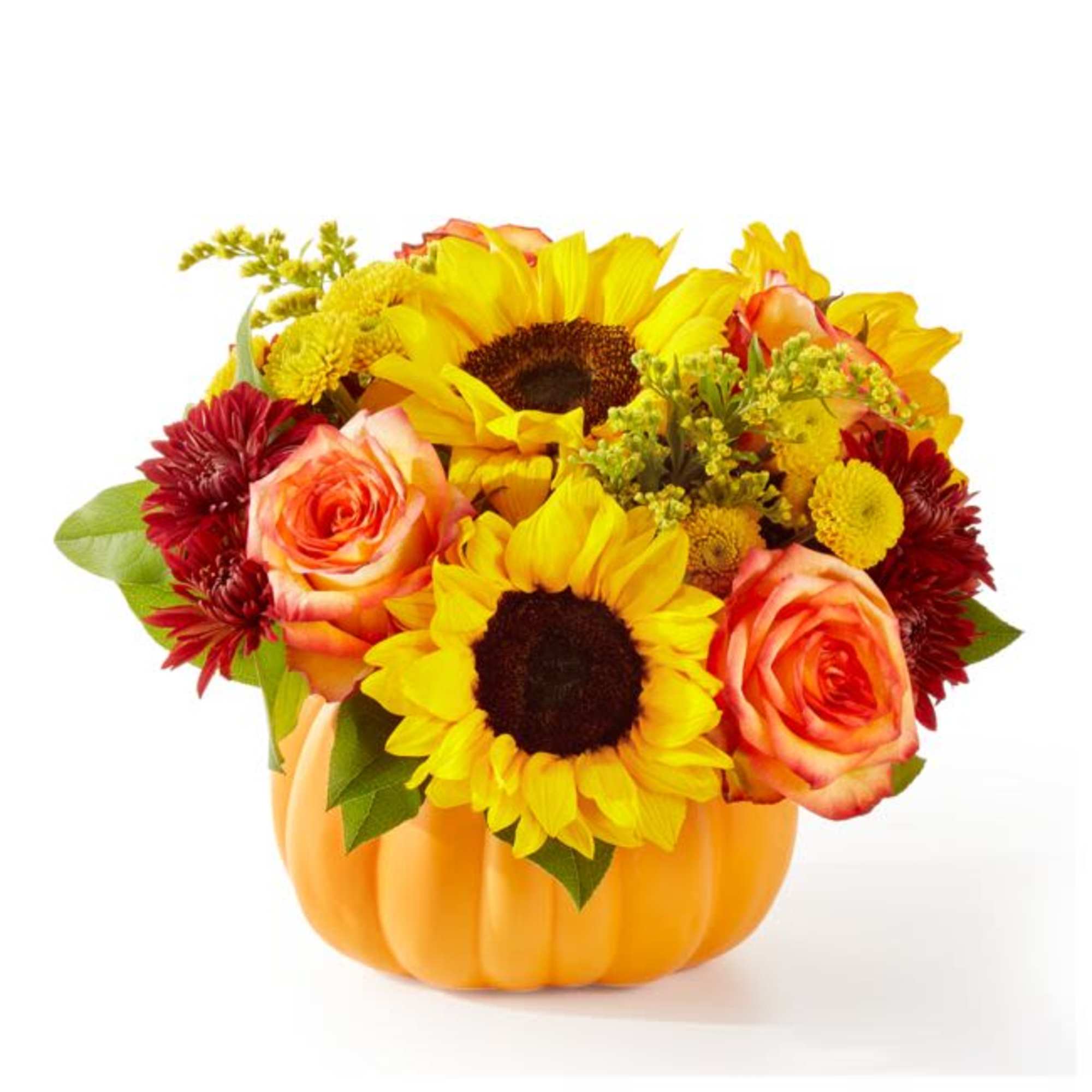 A golden gourd filled to the brim with striking sunflowers and gorgeous