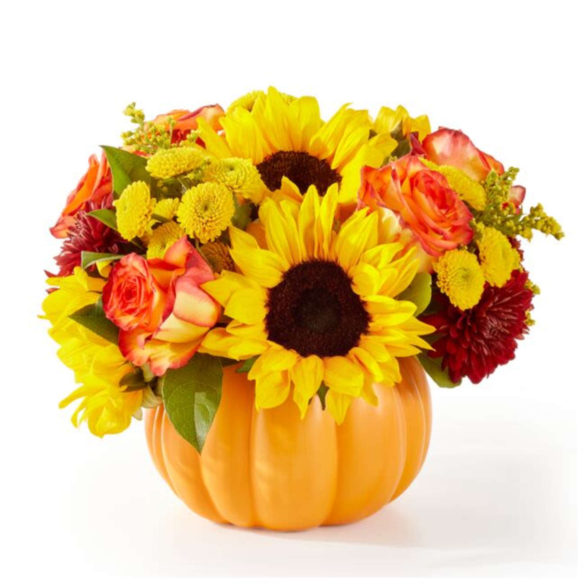 A golden gourd filled to the brim with striking sunflowers and gorgeous