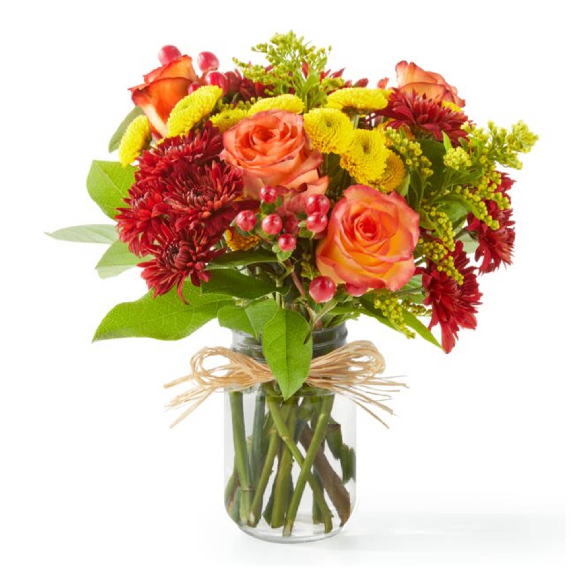 Bring the fall festivities inside with this seasonal favorite! Orange roses, red