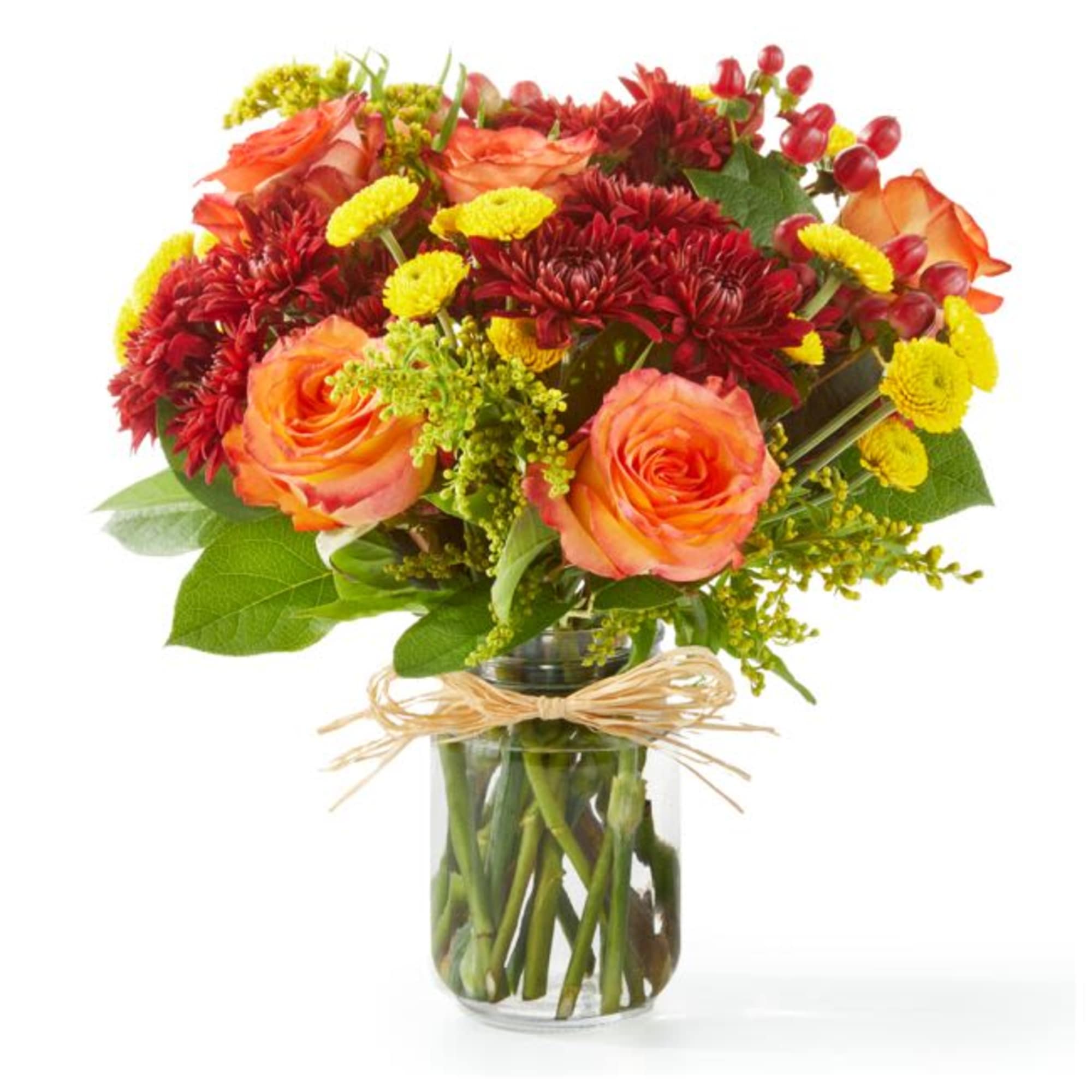 Bring the fall festivities inside with this seasonal favorite! Orange roses, red