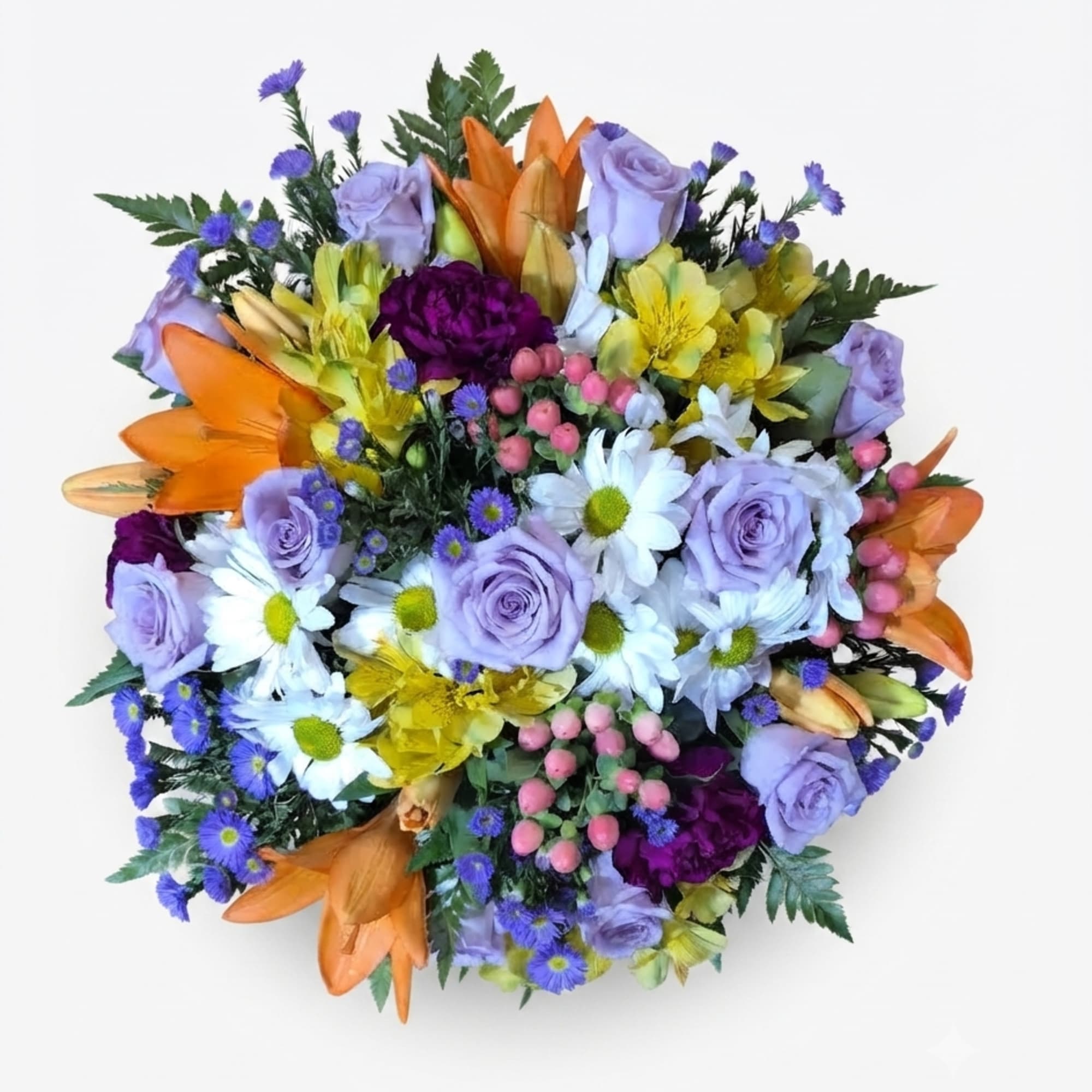Mixed bouquet with lavender roses, orange lilies, and white daisies