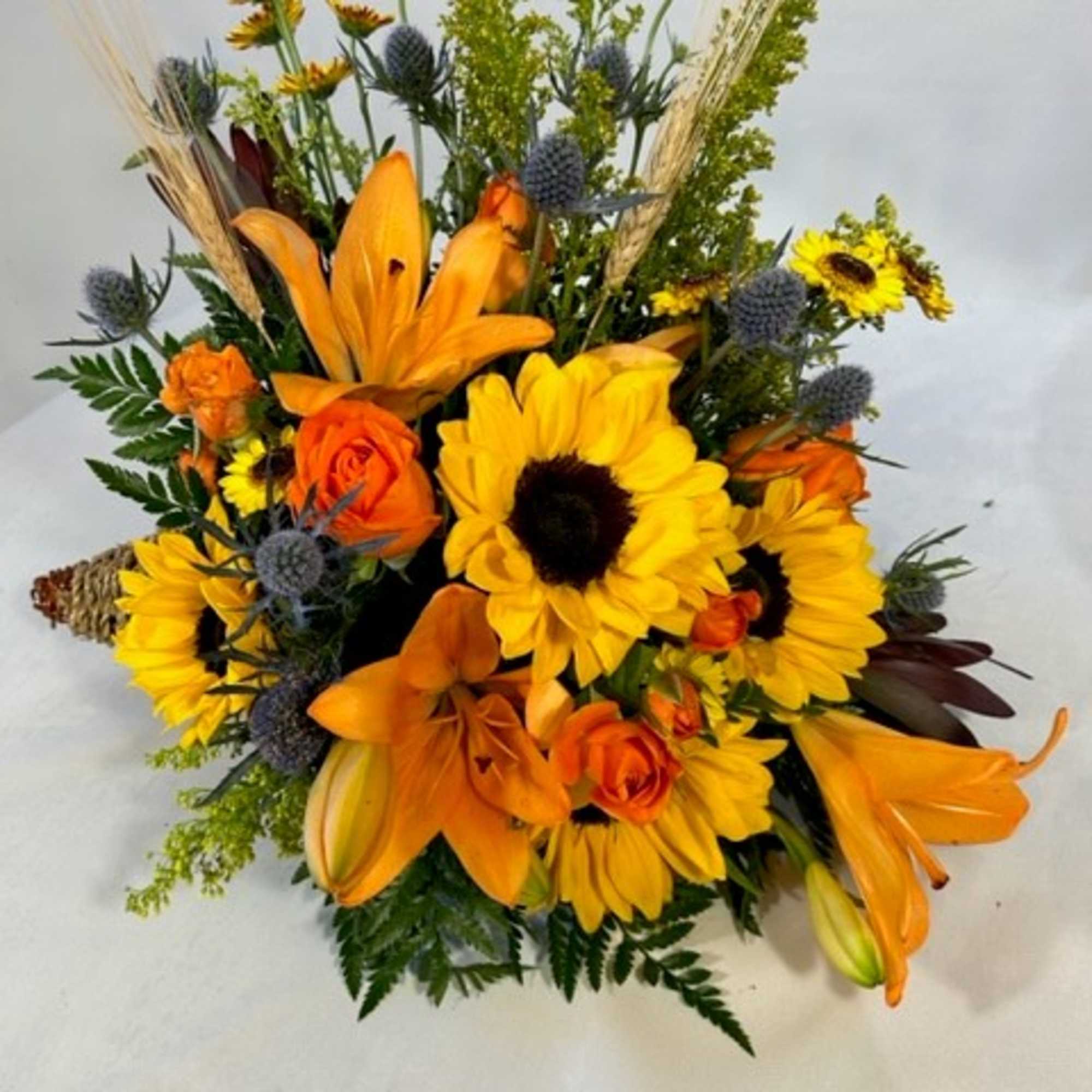 Orange and yellow mixed bouquet with sunflowers and lilies, photo 2 of 2