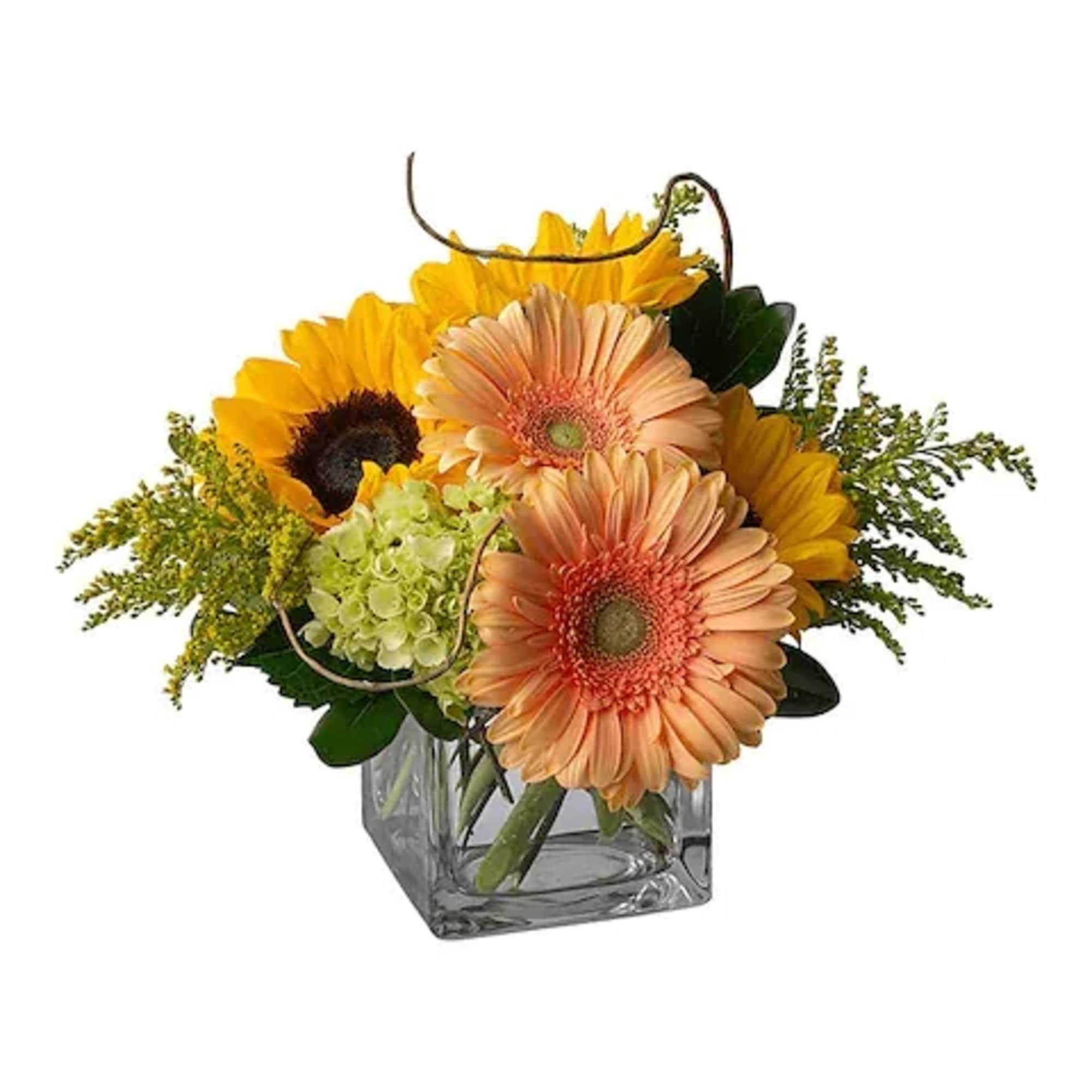Bouquet of peach gerbera daisies and yellow sunflowers in a square glass vase