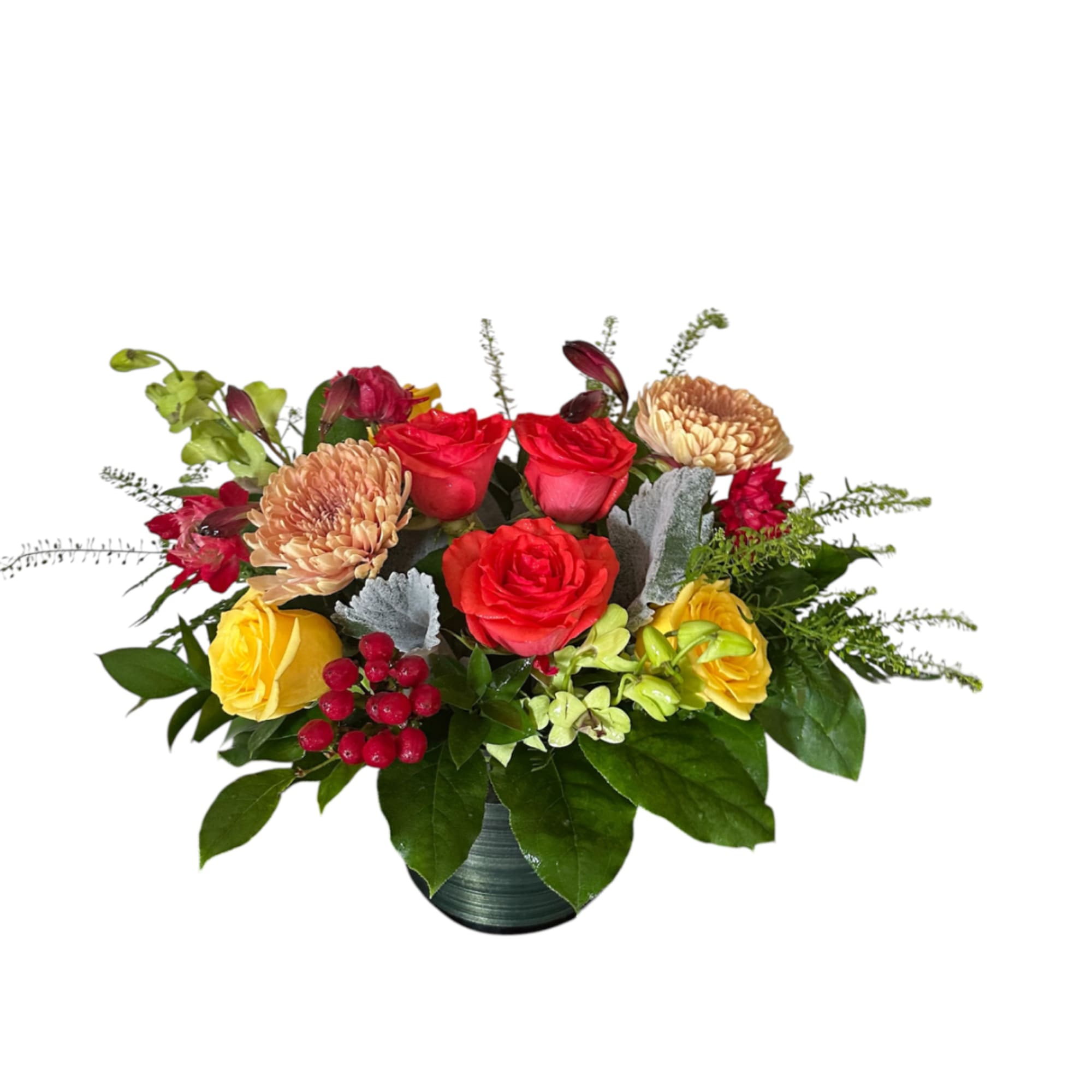 Mixed bouquet of red and yellow roses in a dark vase, photo 3 of 4