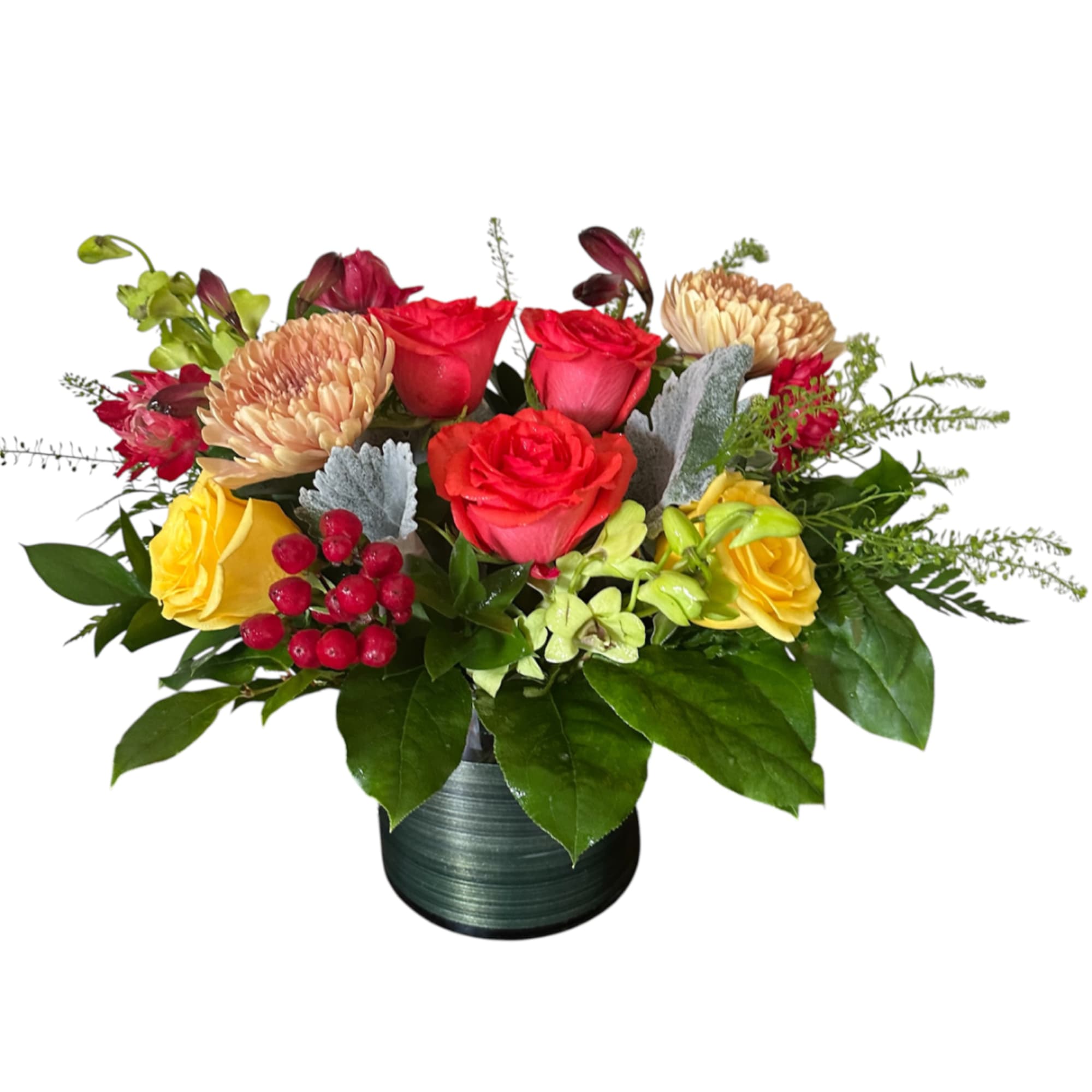 Mixed bouquet of roses, mums, and orchids in a dark vase