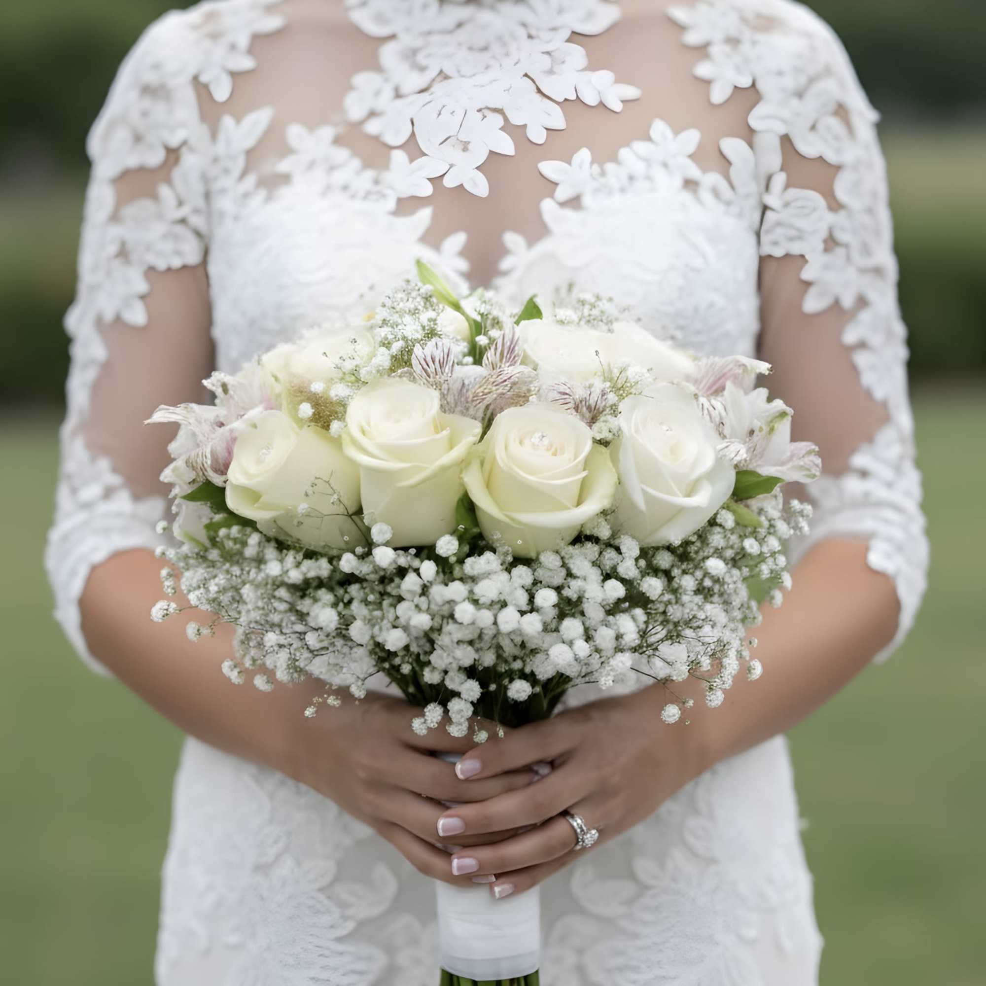 Bride holding a white rose bouquet with baby's breath
