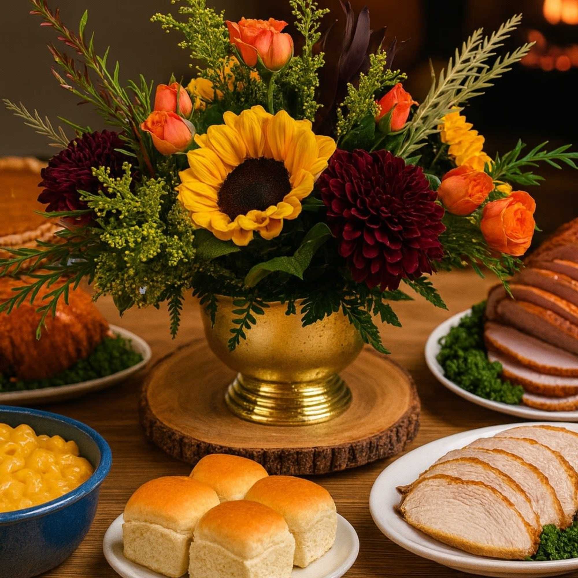 Autumn centerpiece with sunflower, orange roses, and burgundy mums in a gold vase surrounded by holiday dinner dishes