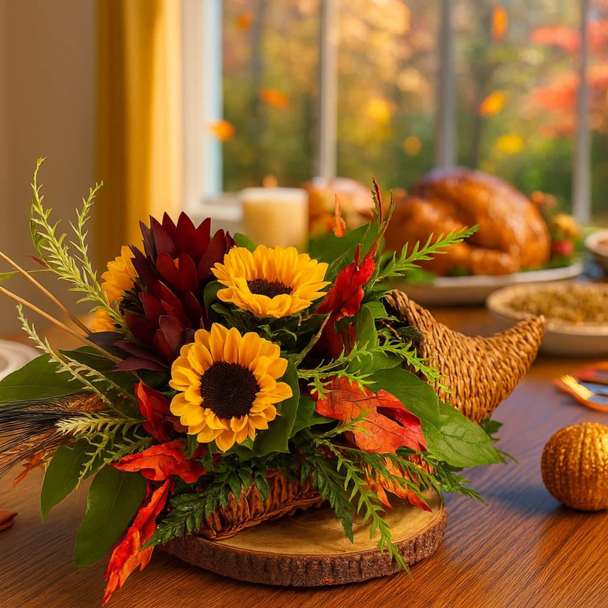 Cornucopia centerpiece with yellow sunflowers and dark red blooms on a wooden slice base