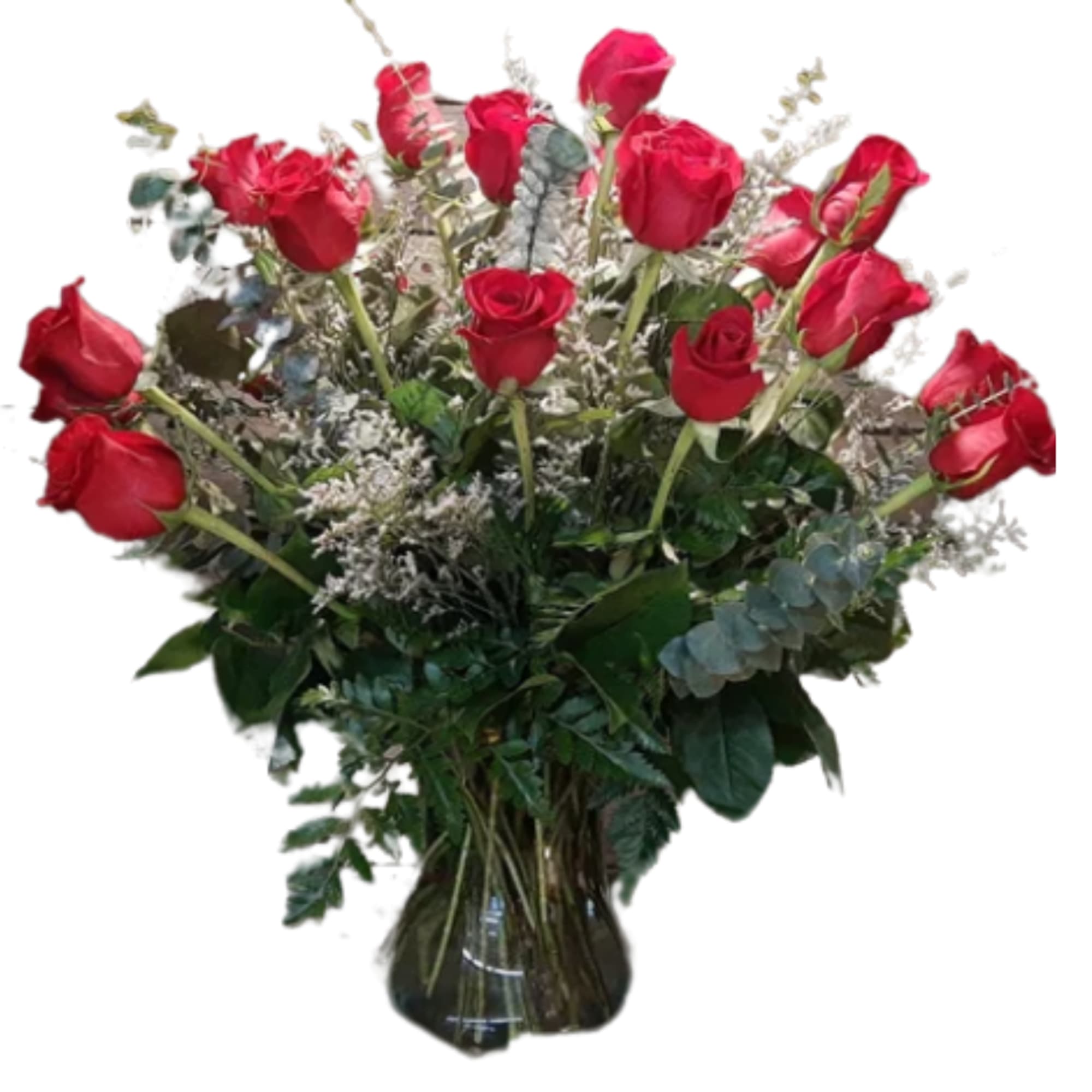Bouquet of red roses in a glass vase