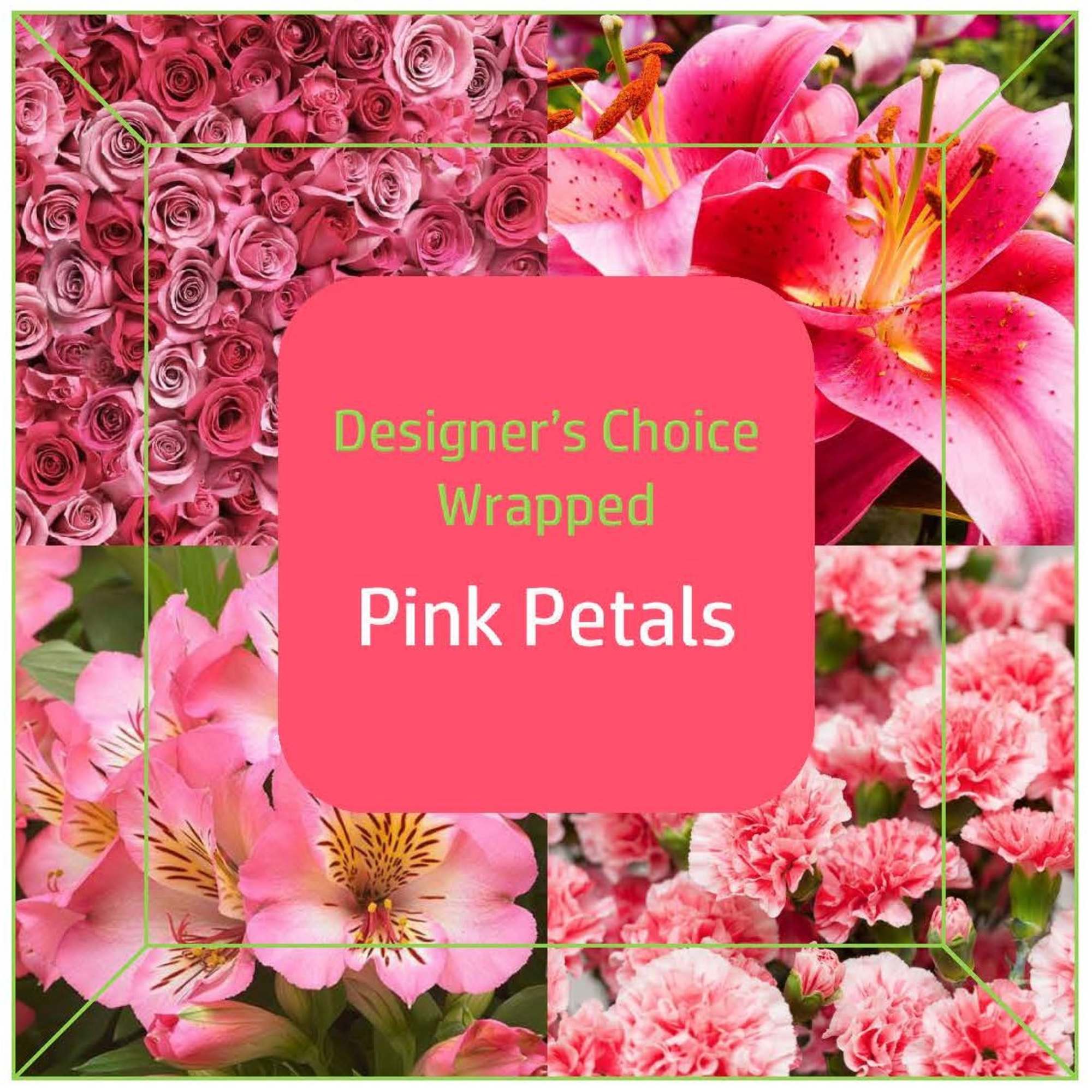 Pink floral collage with roses, lilies, and carnations around a central label