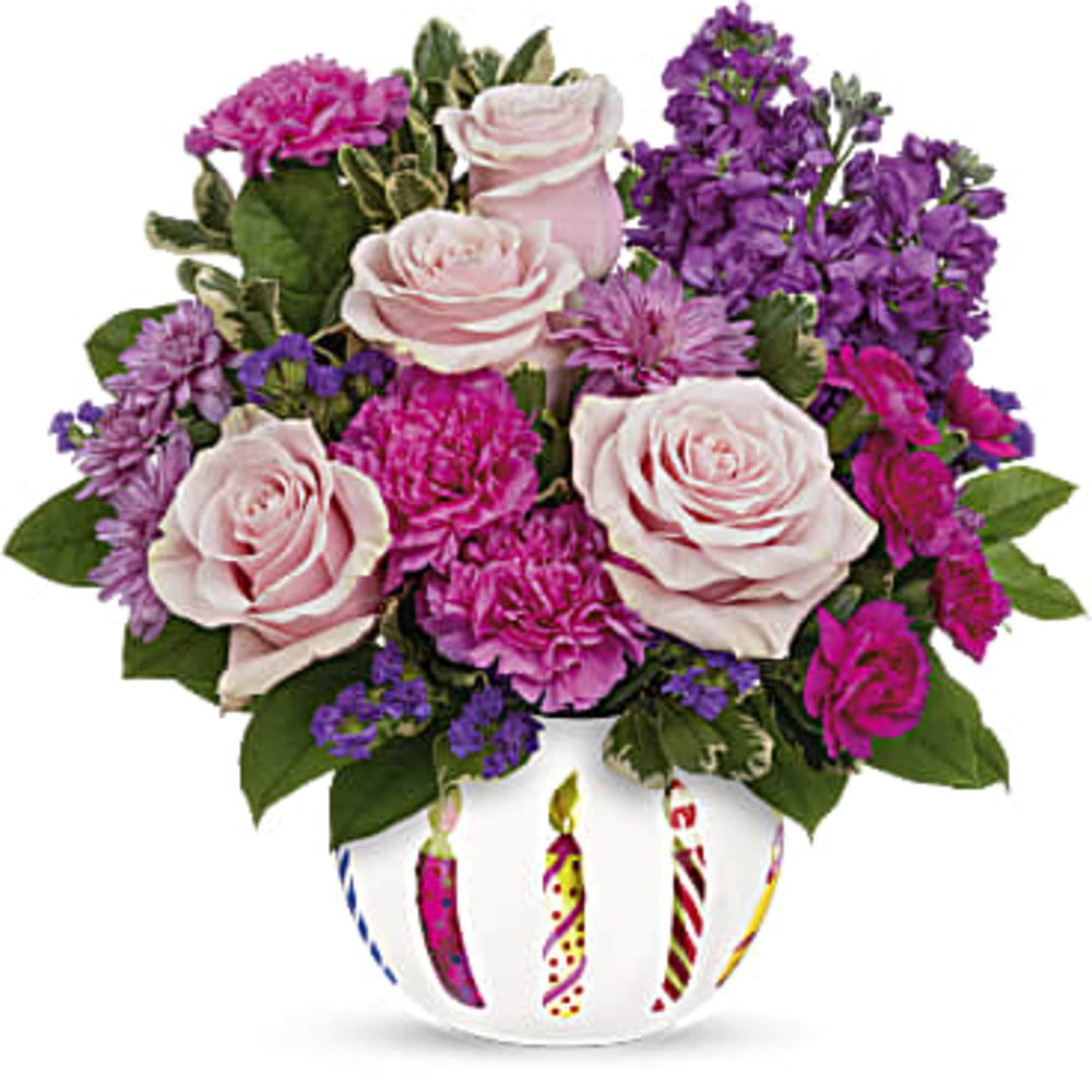 Pink and purple bouquet in a white vase with candle designs