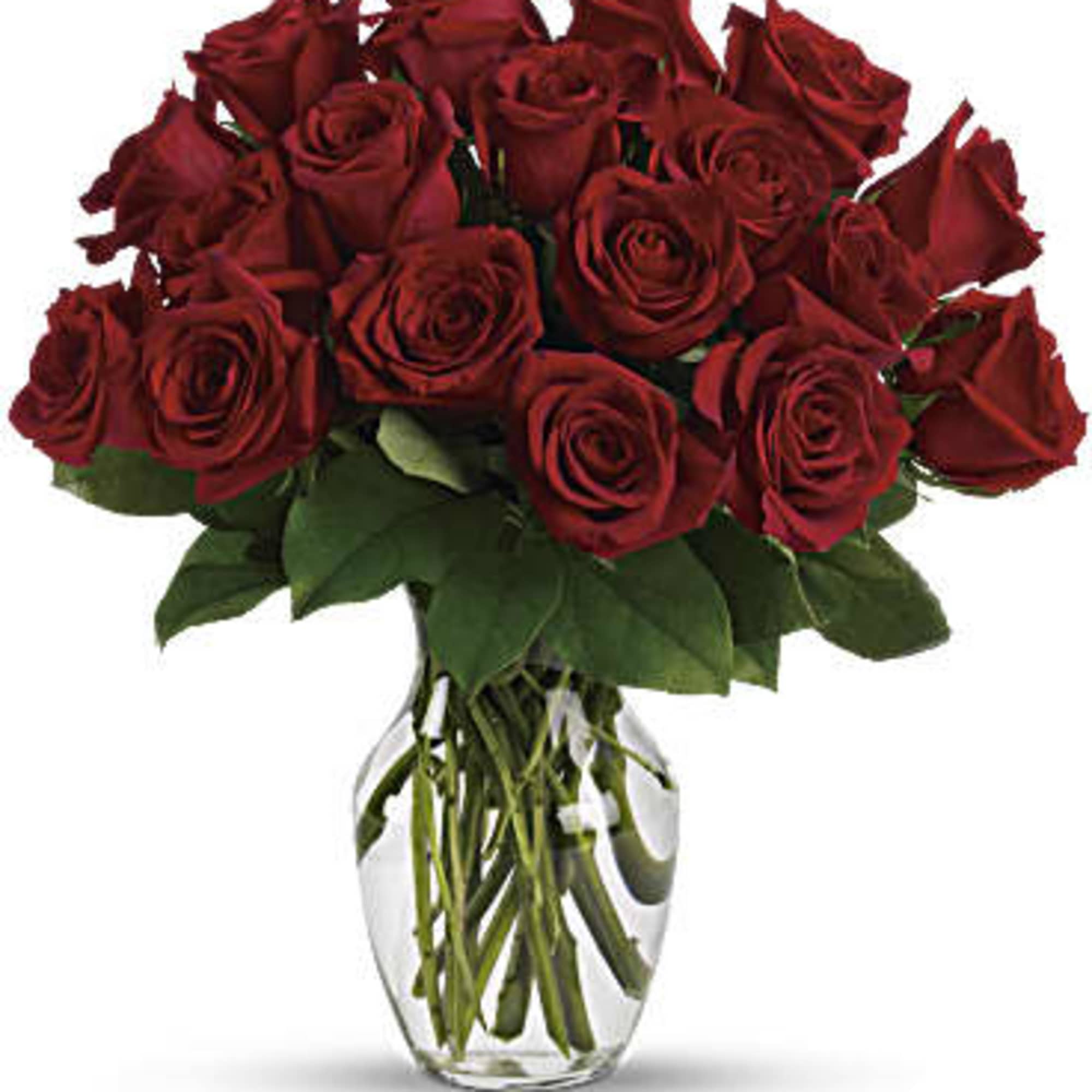 Bouquet of red roses in a clear glass vase