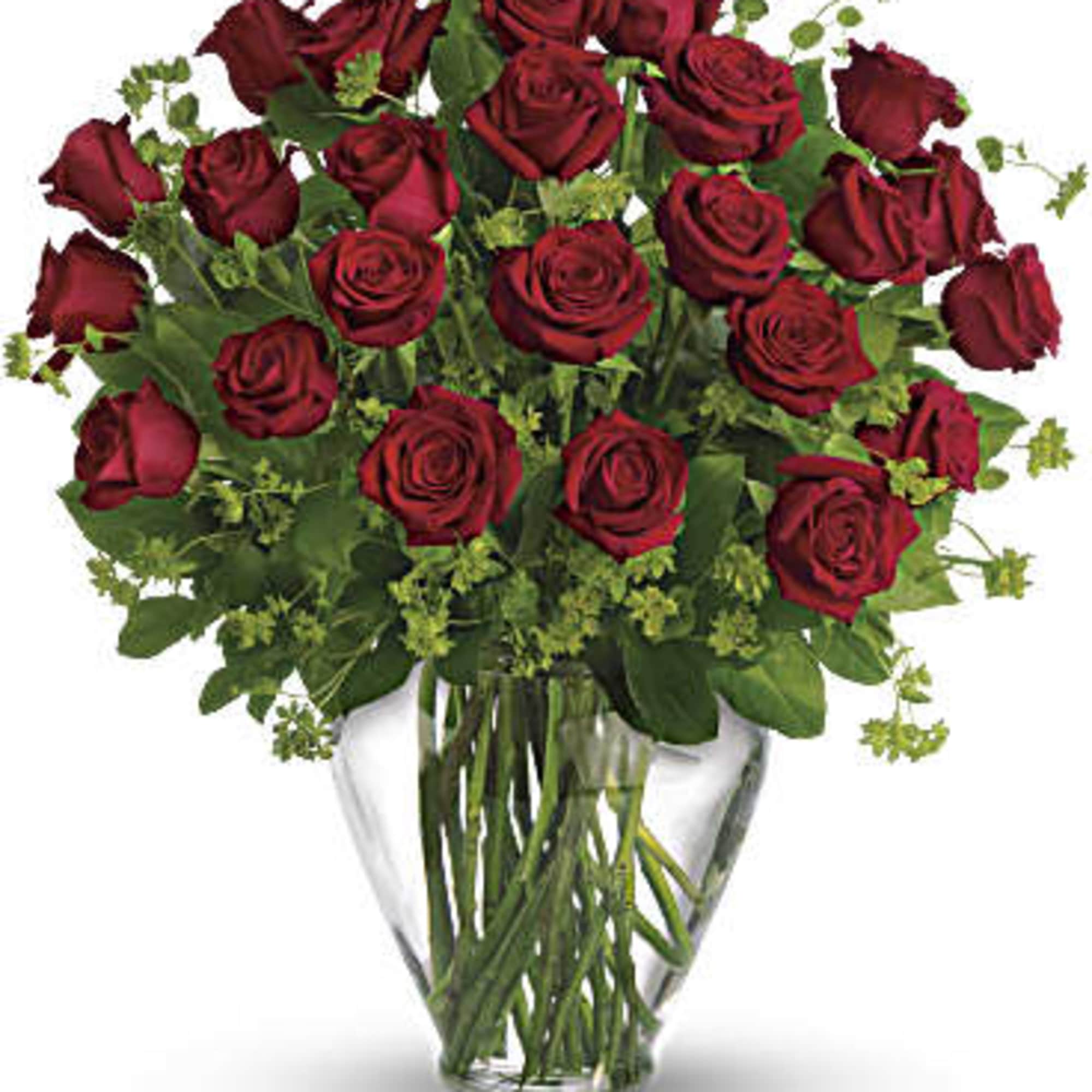 Bouquet of red roses in a clear glass vase