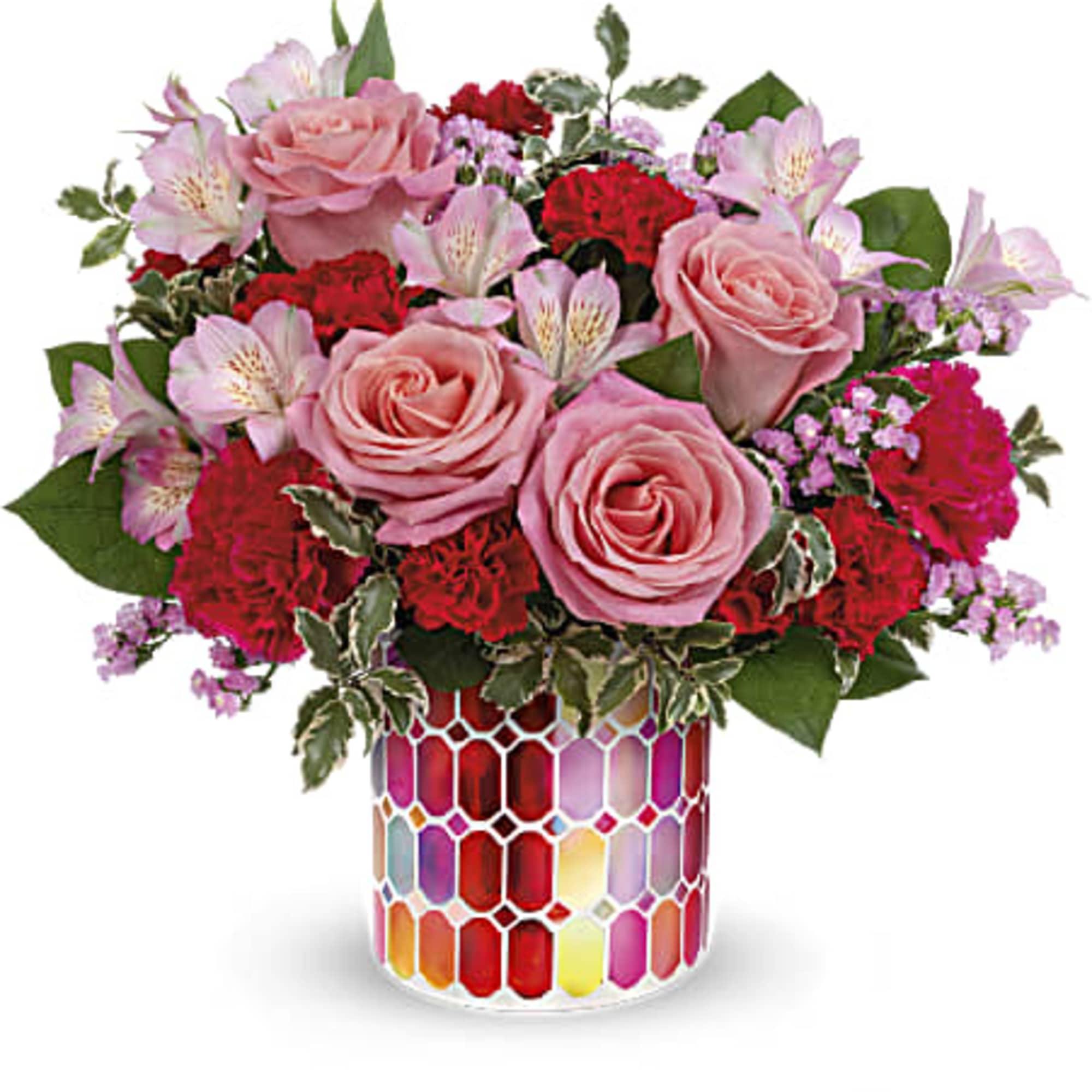 Pink roses and red carnations in a colorful mosaic vase