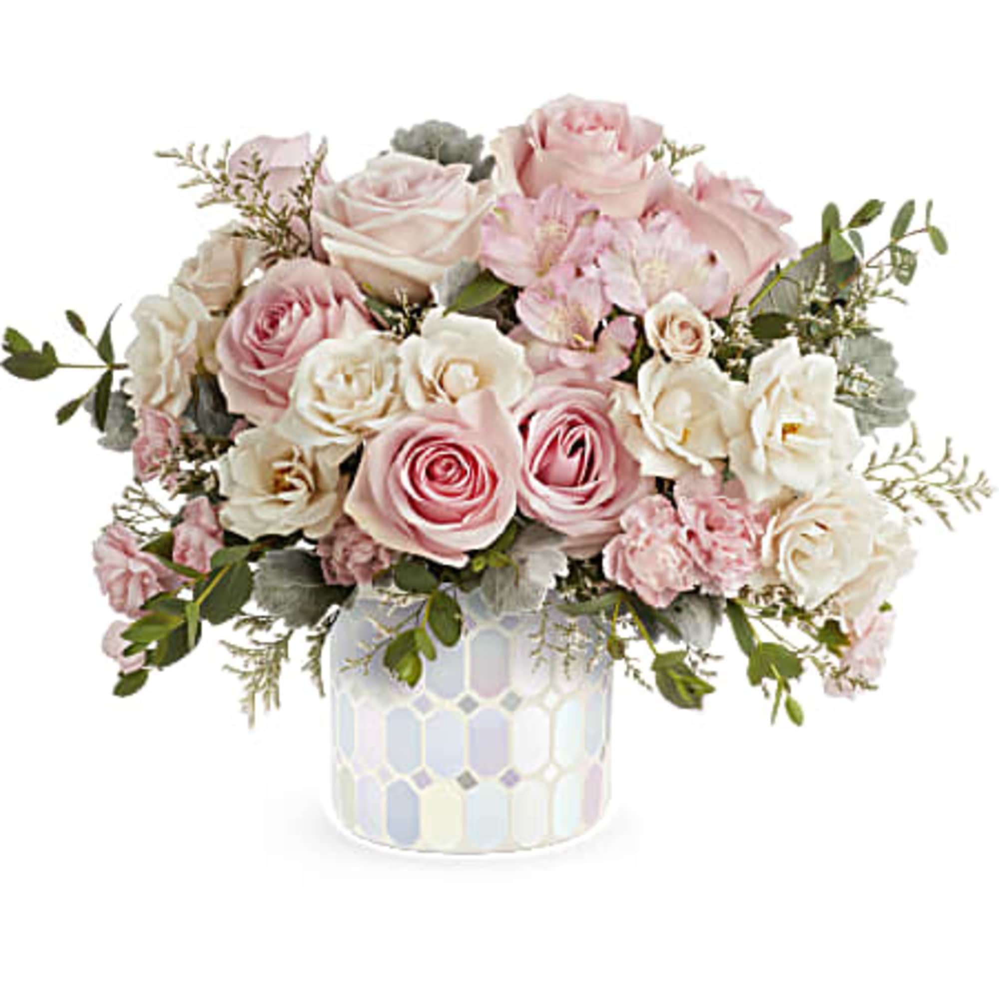 Pink and white rose bouquet in a mosaic vase