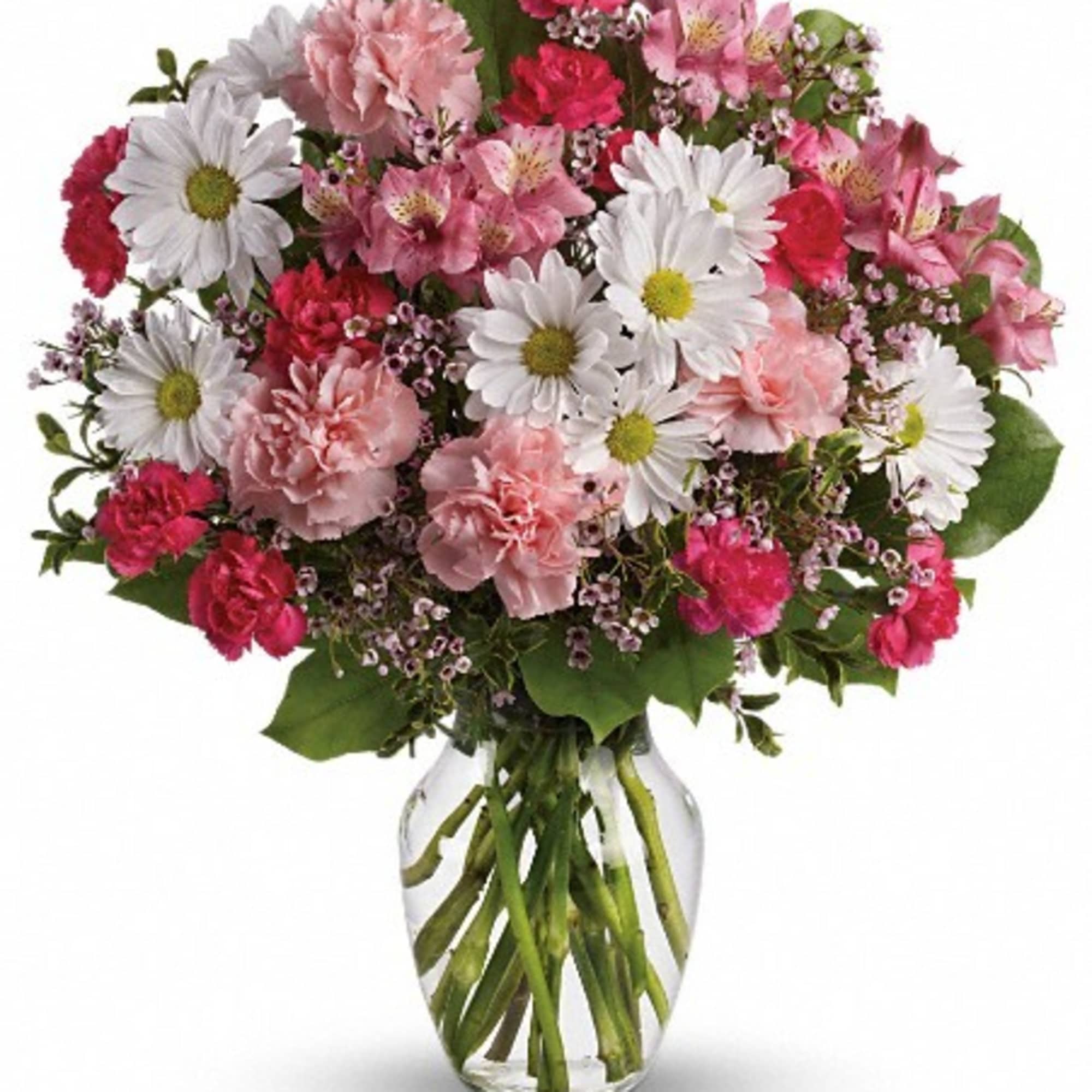 Pink and white mixed bouquet in a clear glass vase