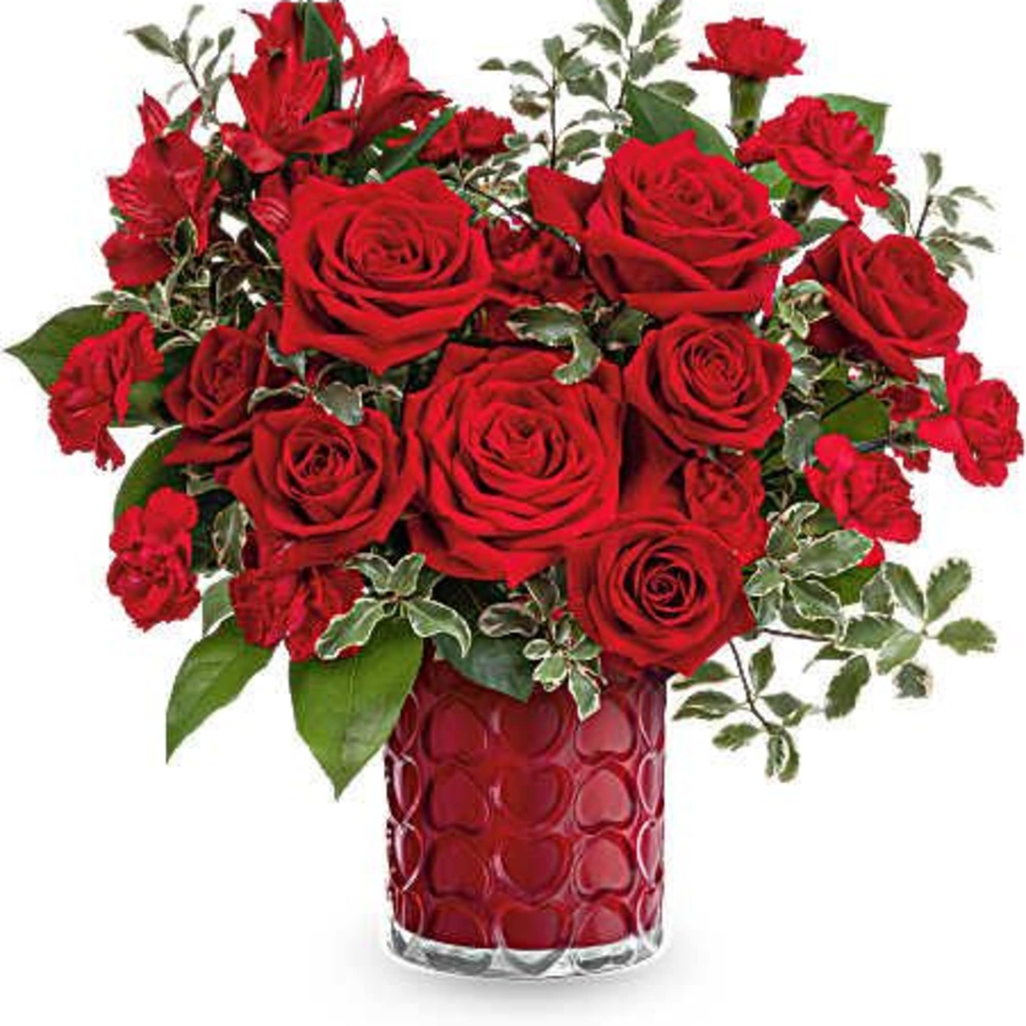Red roses and carnations in a red glass vase