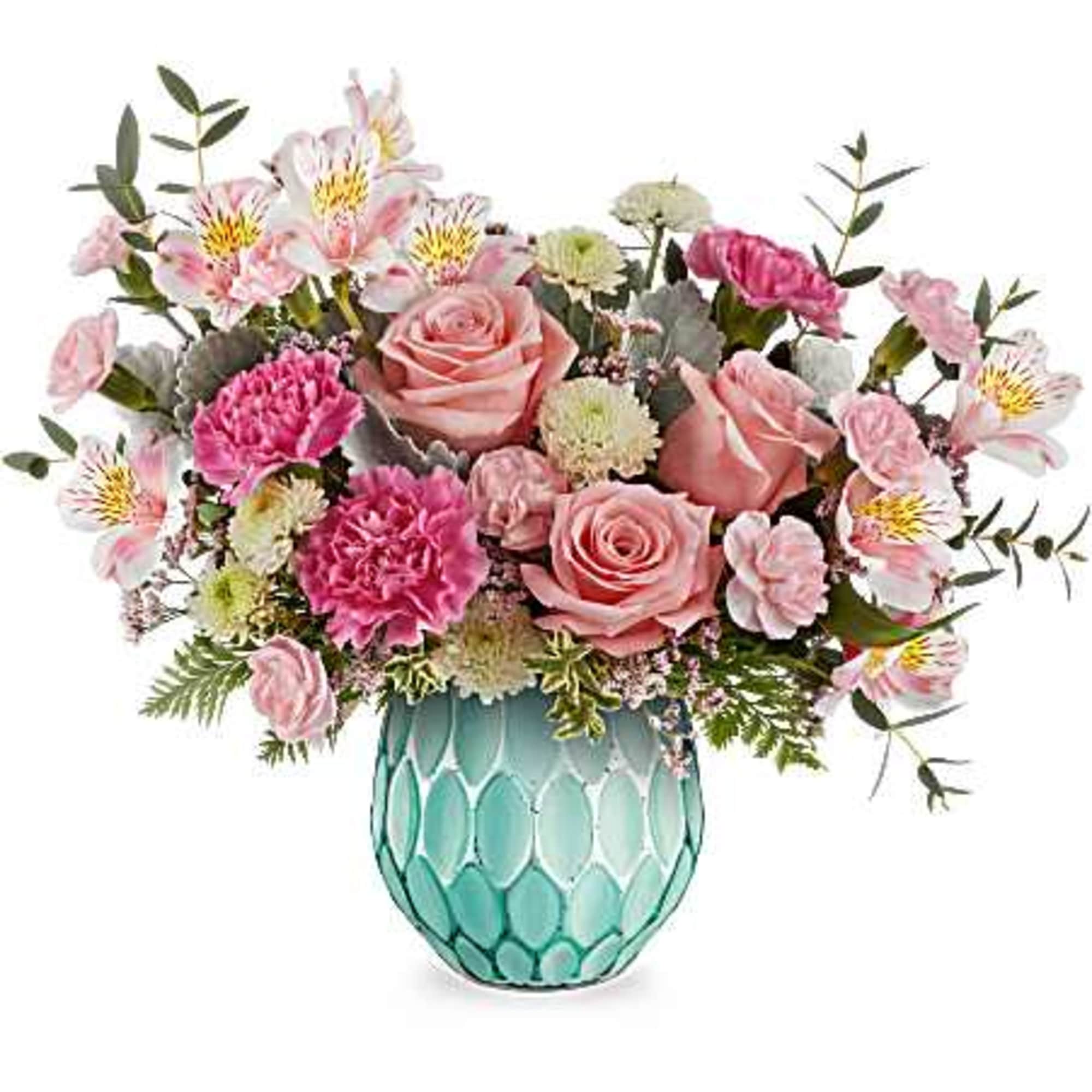 Evoking the beauty of colorful dreams, this enchanting rose bouquet is showcased