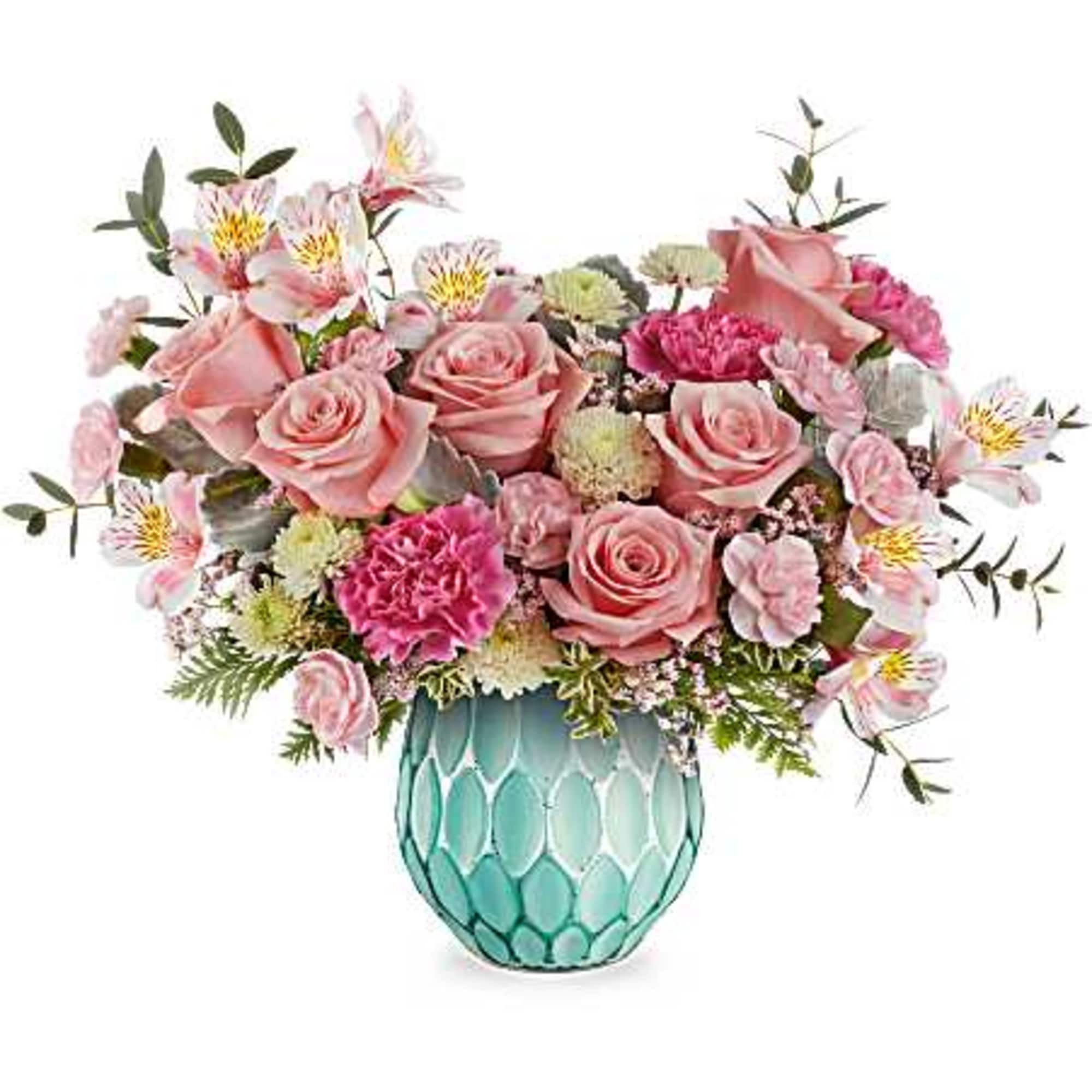 Evoking the beauty of colorful dreams, this enchanting rose bouquet is showcased