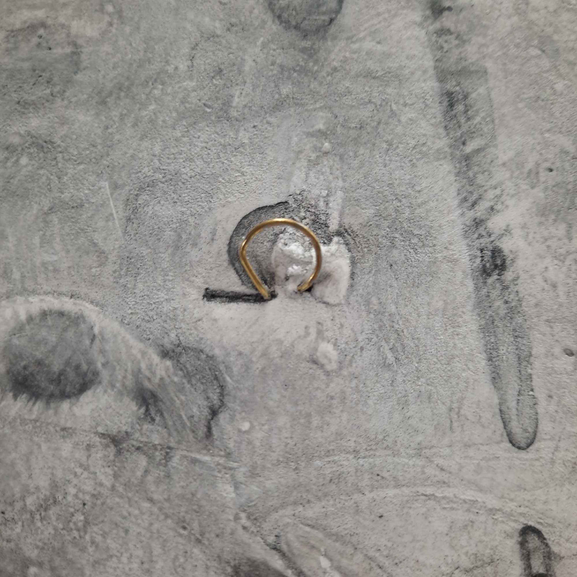 Abstract gray textured artwork with a small gold ring detail