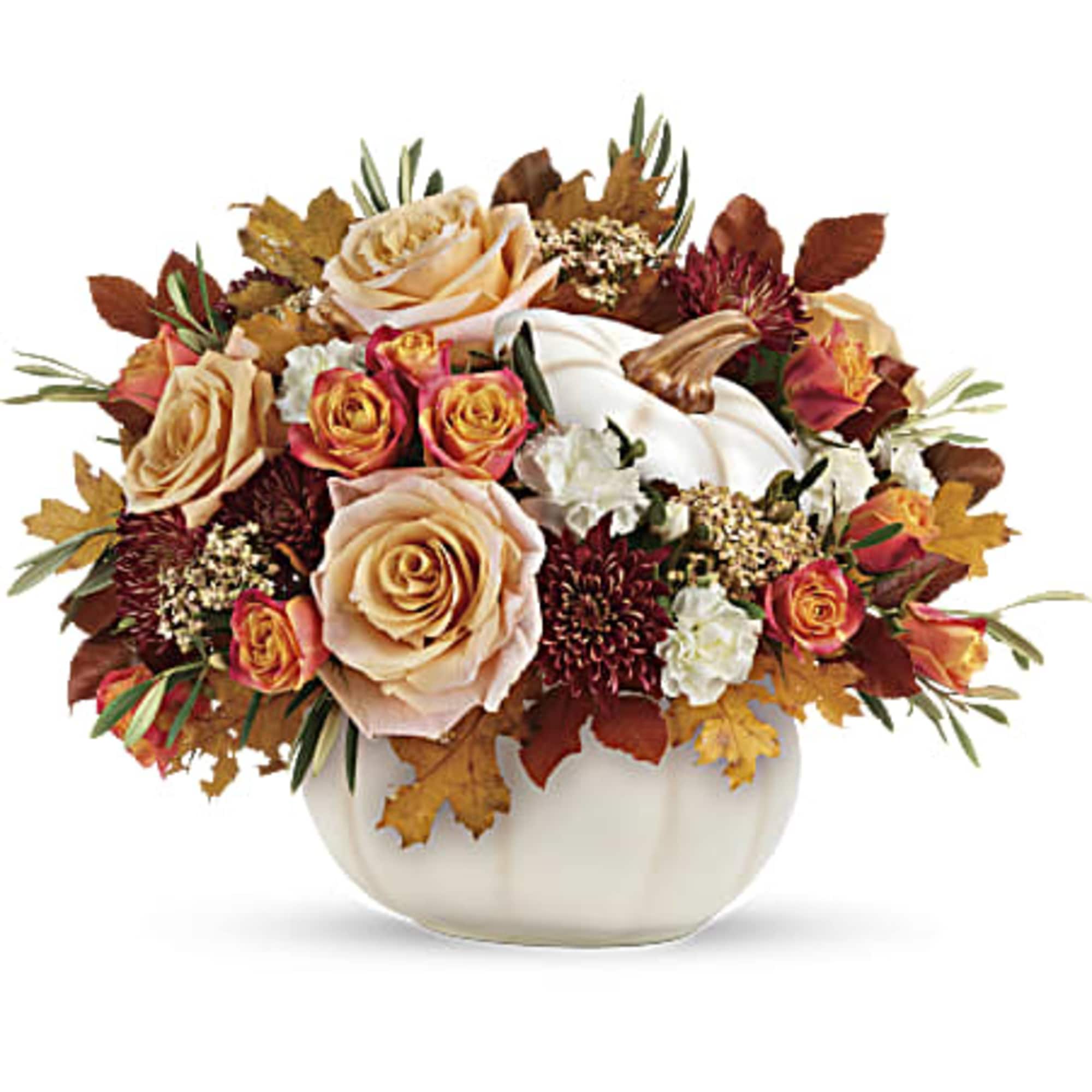 Autumn floral arrangement with roses and chrysanthemums in a white pumpkin vase