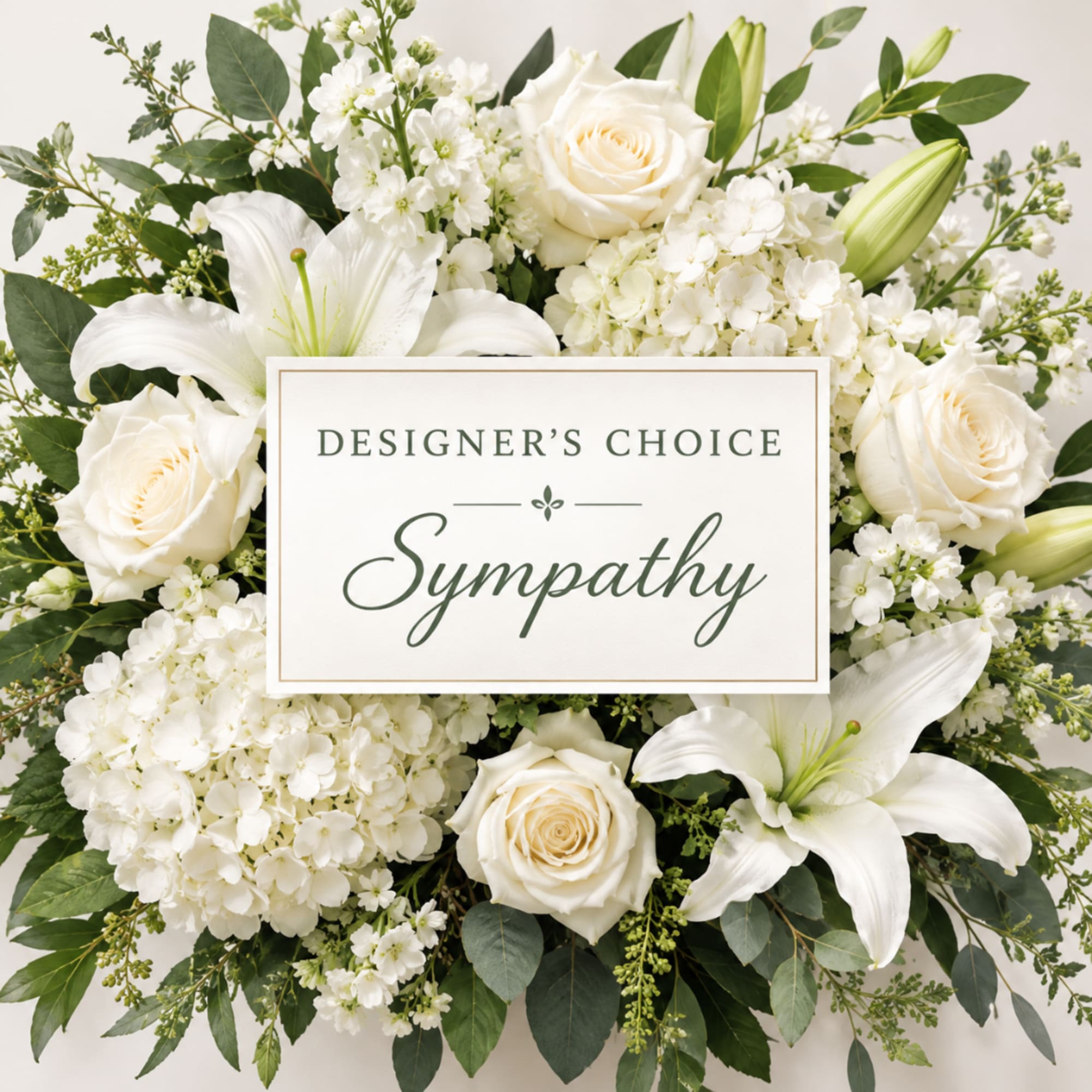 White sympathy floral arrangement with roses and lilies