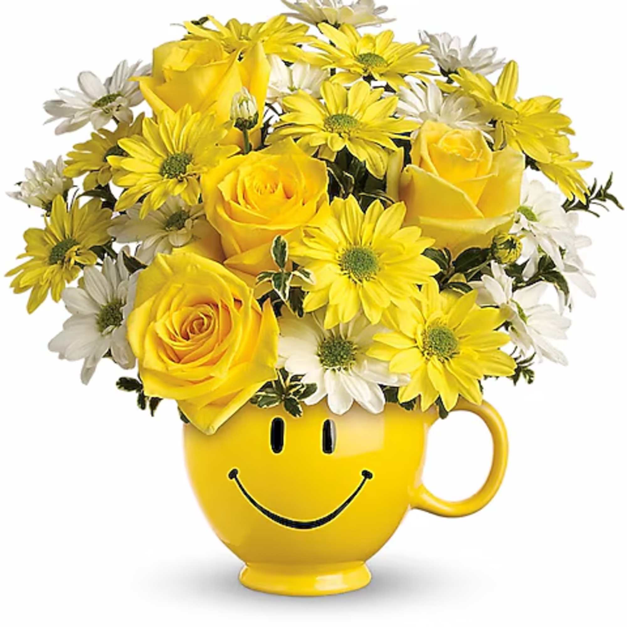 Yellow roses and daisies in a smiley-face mug