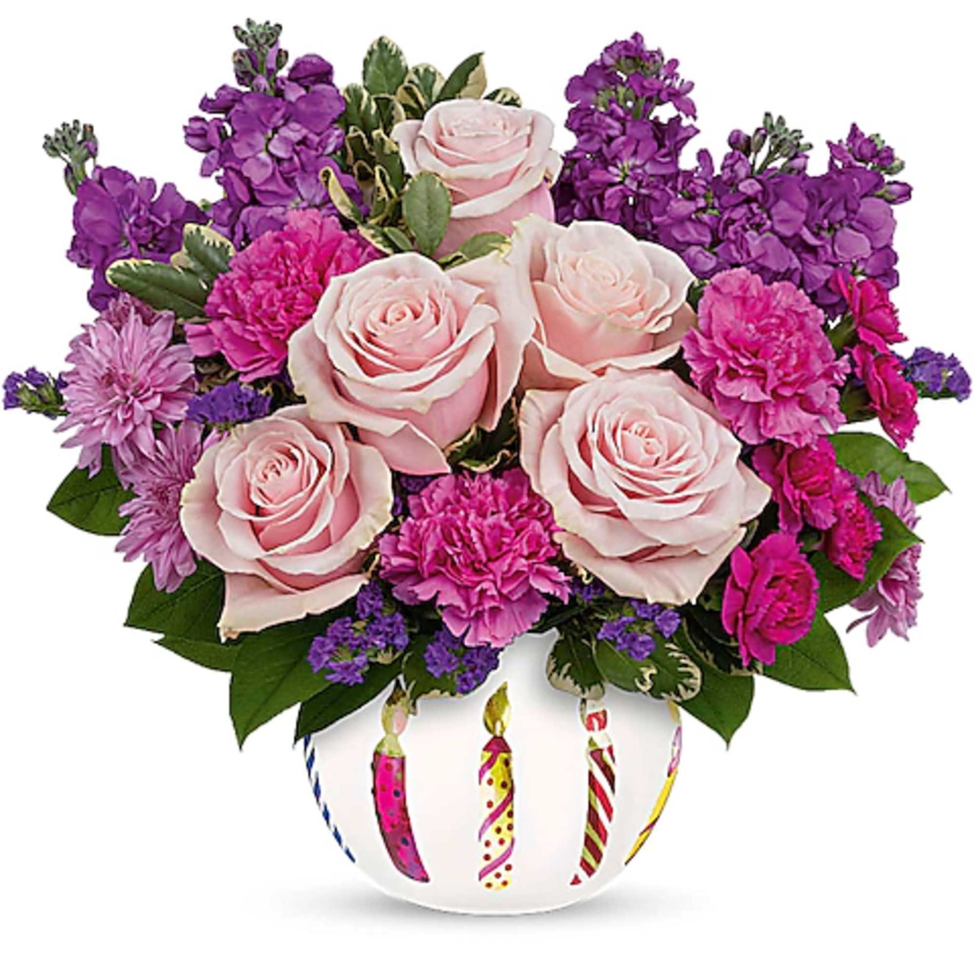 Pink roses and purple flowers in a white vase with colorful ribbon designs