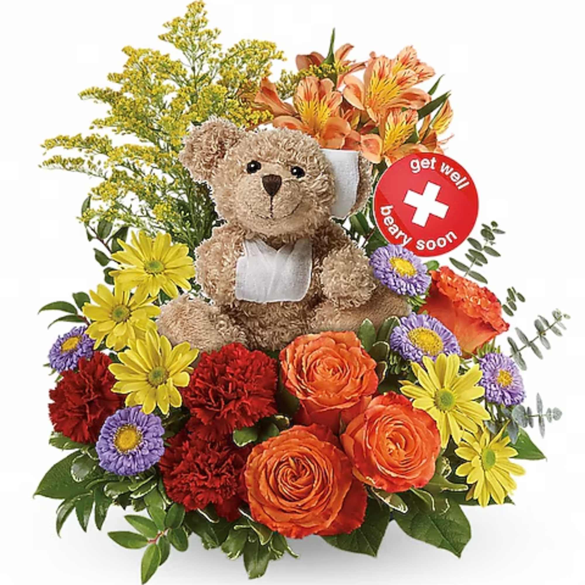 Teddy bear surrounded by orange, yellow, red, and purple flowers with a get well sign