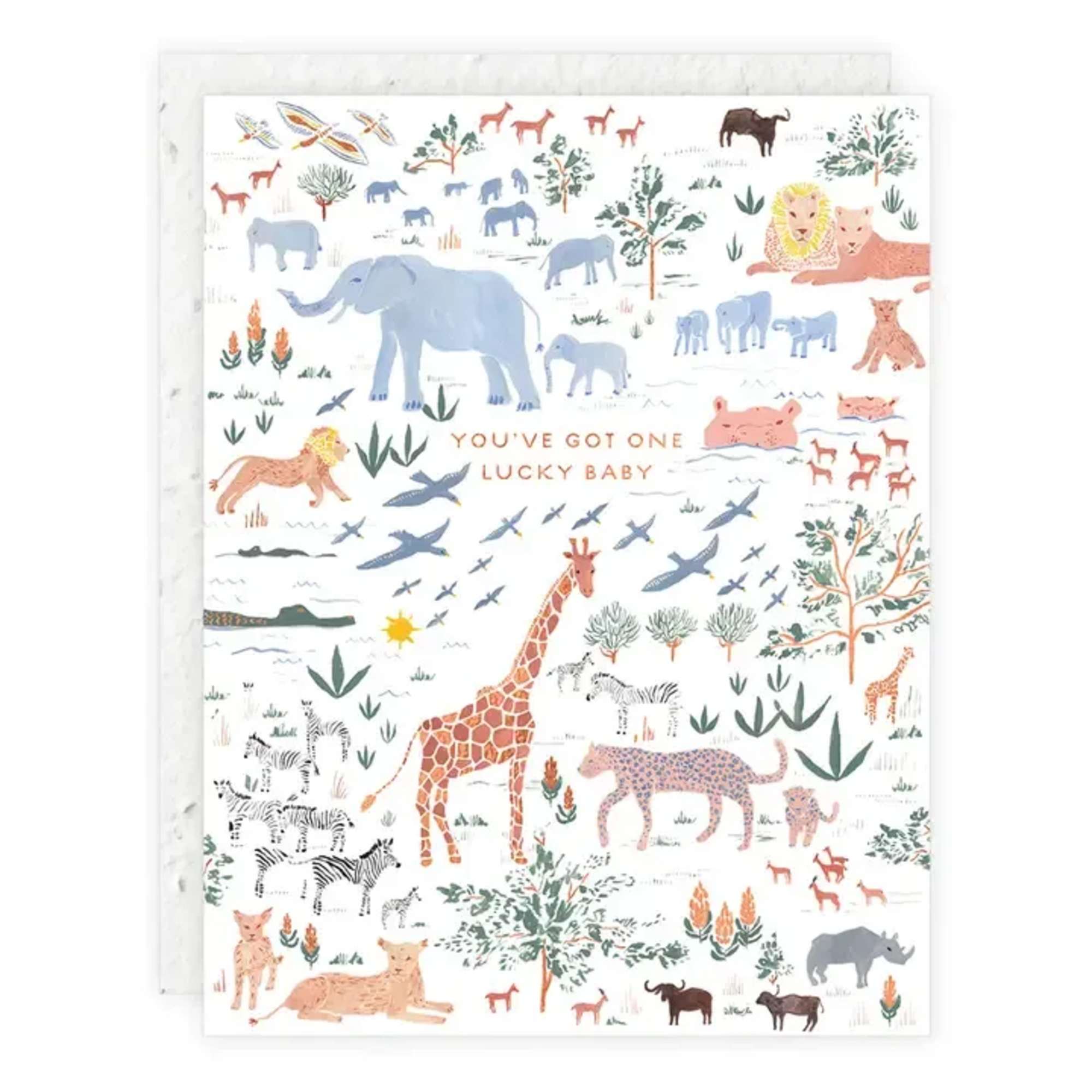 Safari-themed baby card with animals and the text "You've Got One Lucky Baby"