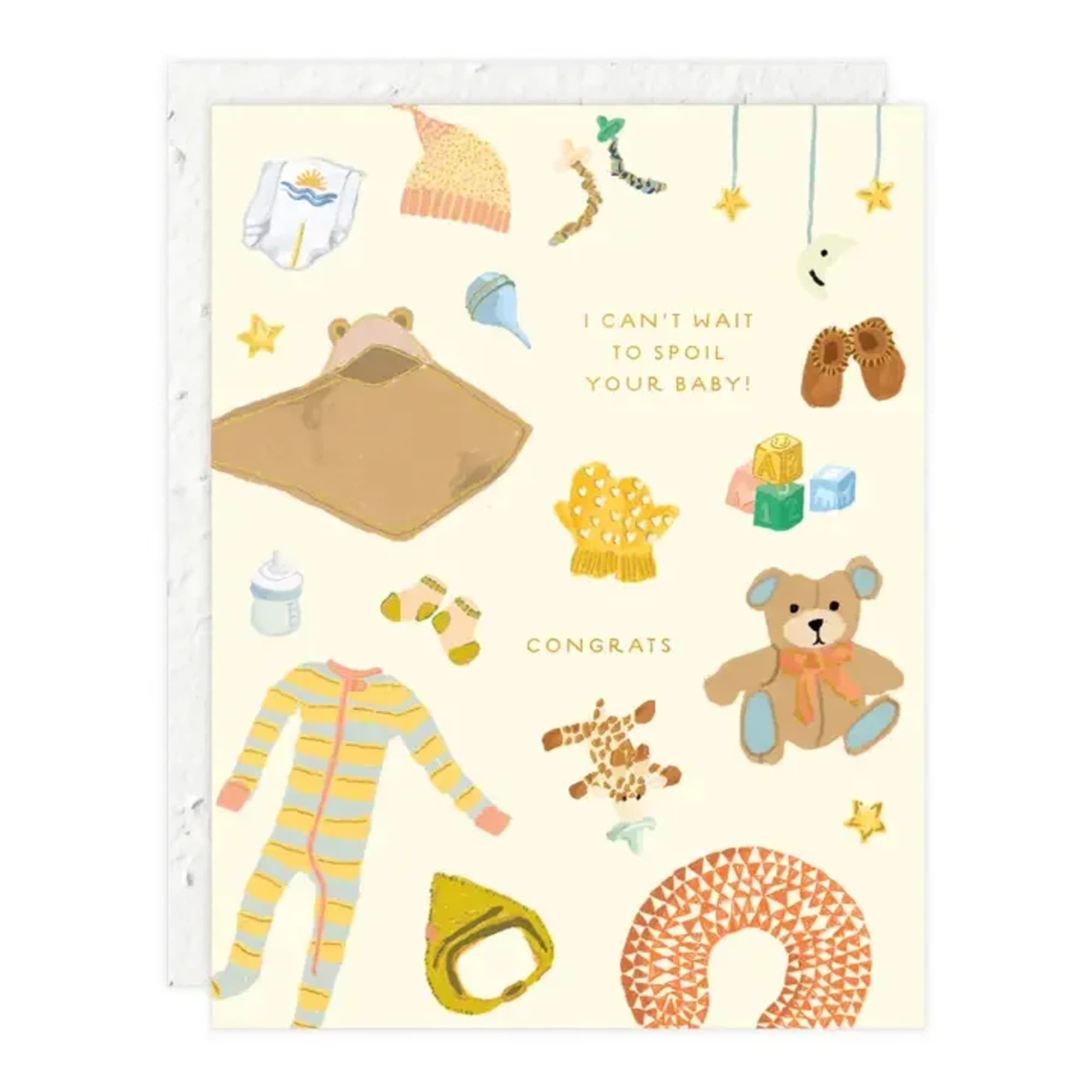 Baby shower card with baby clothes, teddy bear, and "Congrats" text