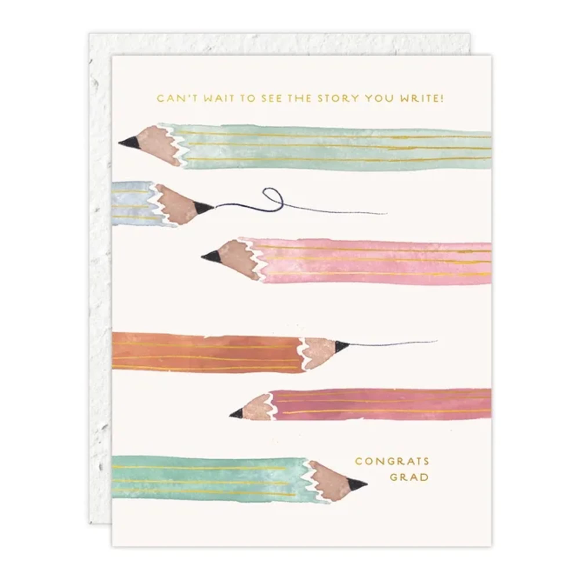 Graduation card with pastel pencil illustrations and gold text