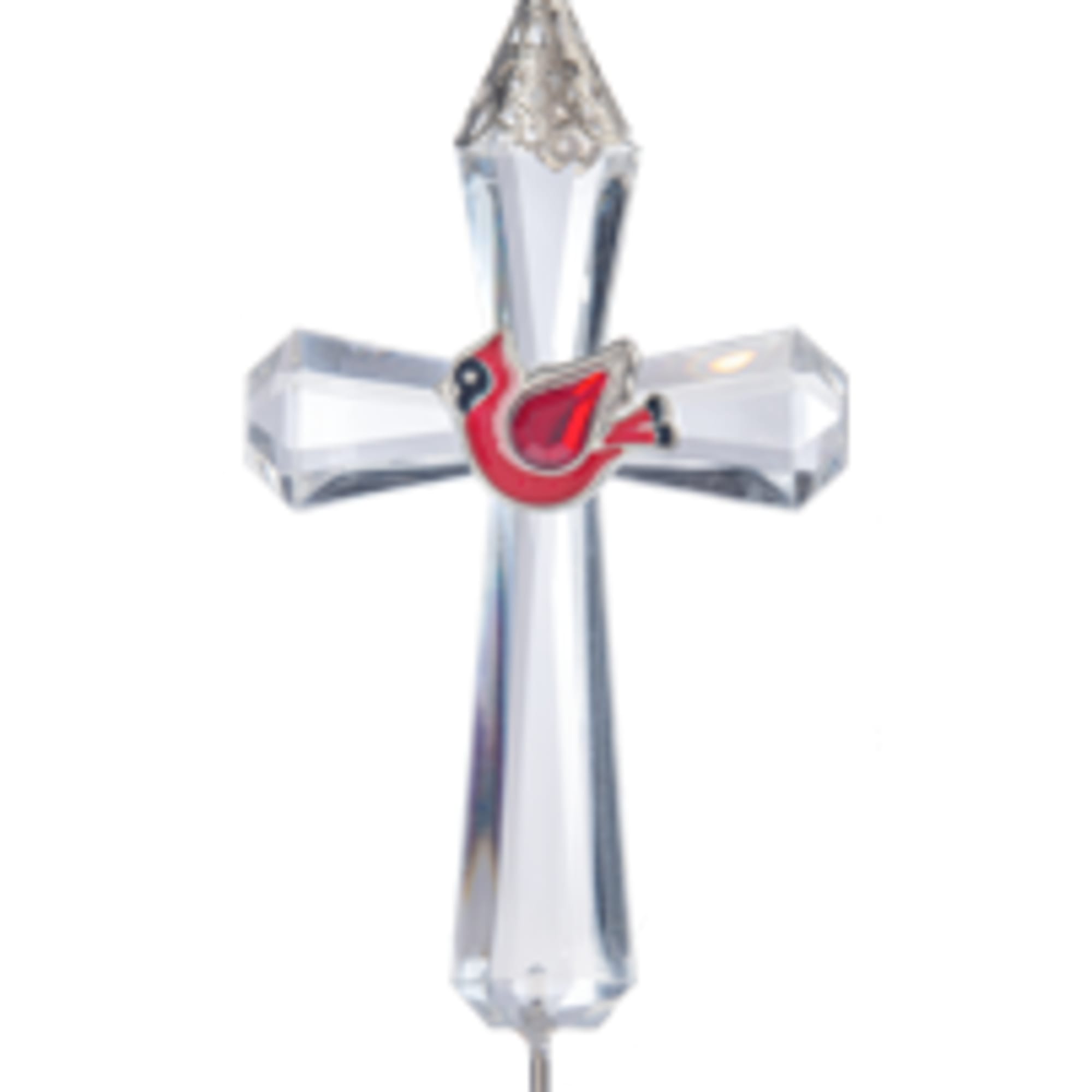 Clear crystal cross ornament with a red bird accent