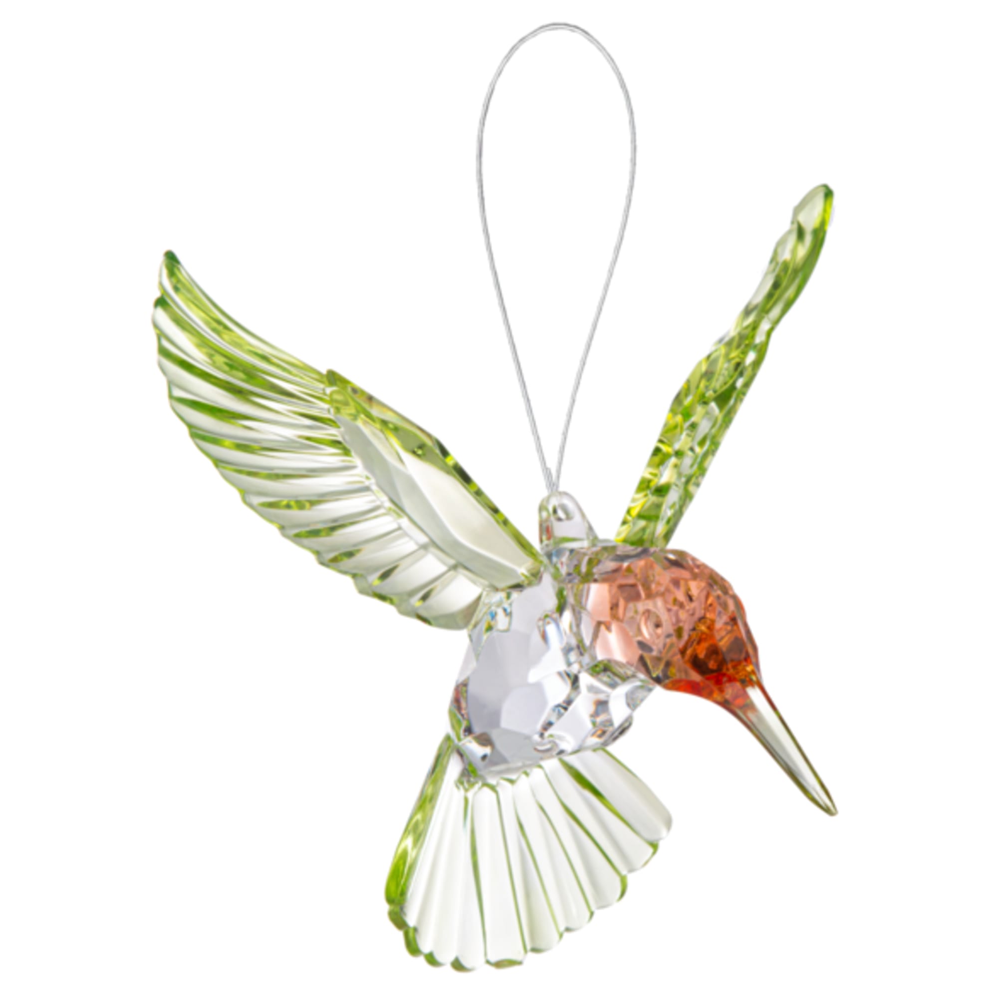 Glass hummingbird ornament with green, white, and orange wings