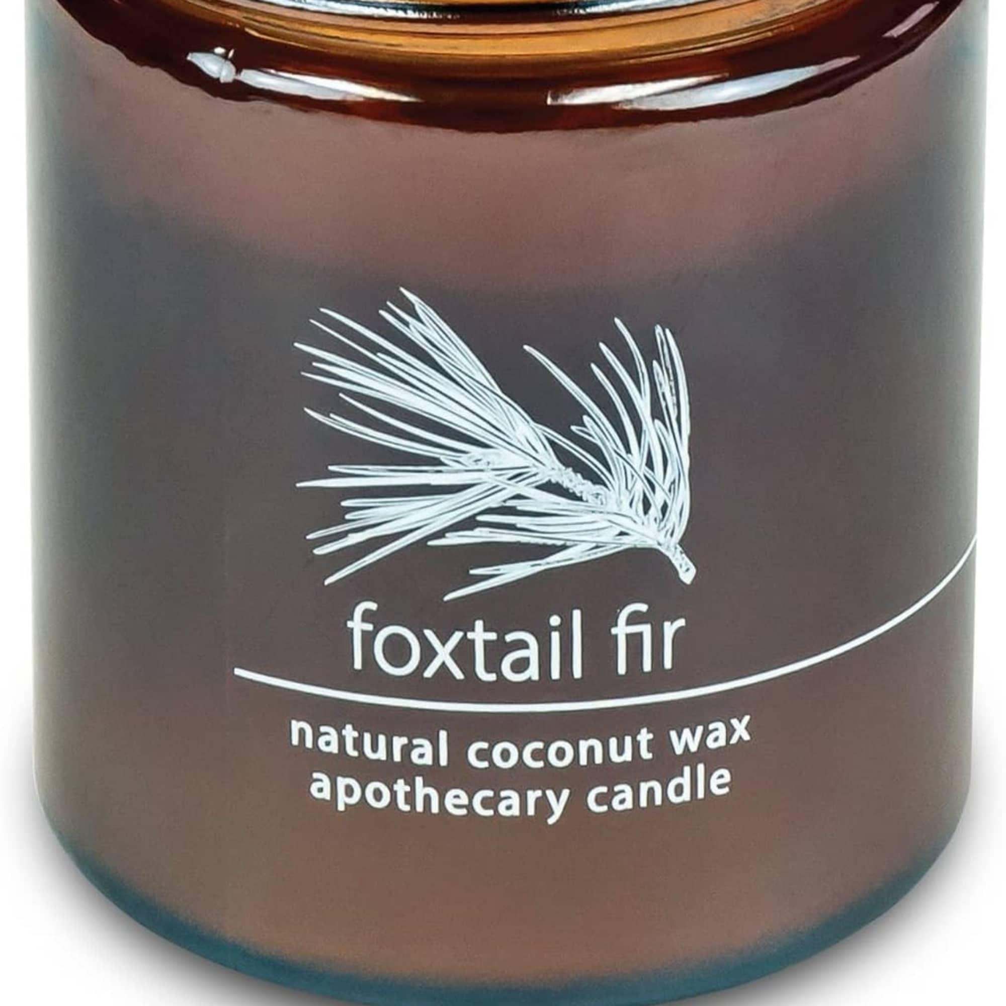 Brown apothecary candle jar with foxtail fir label