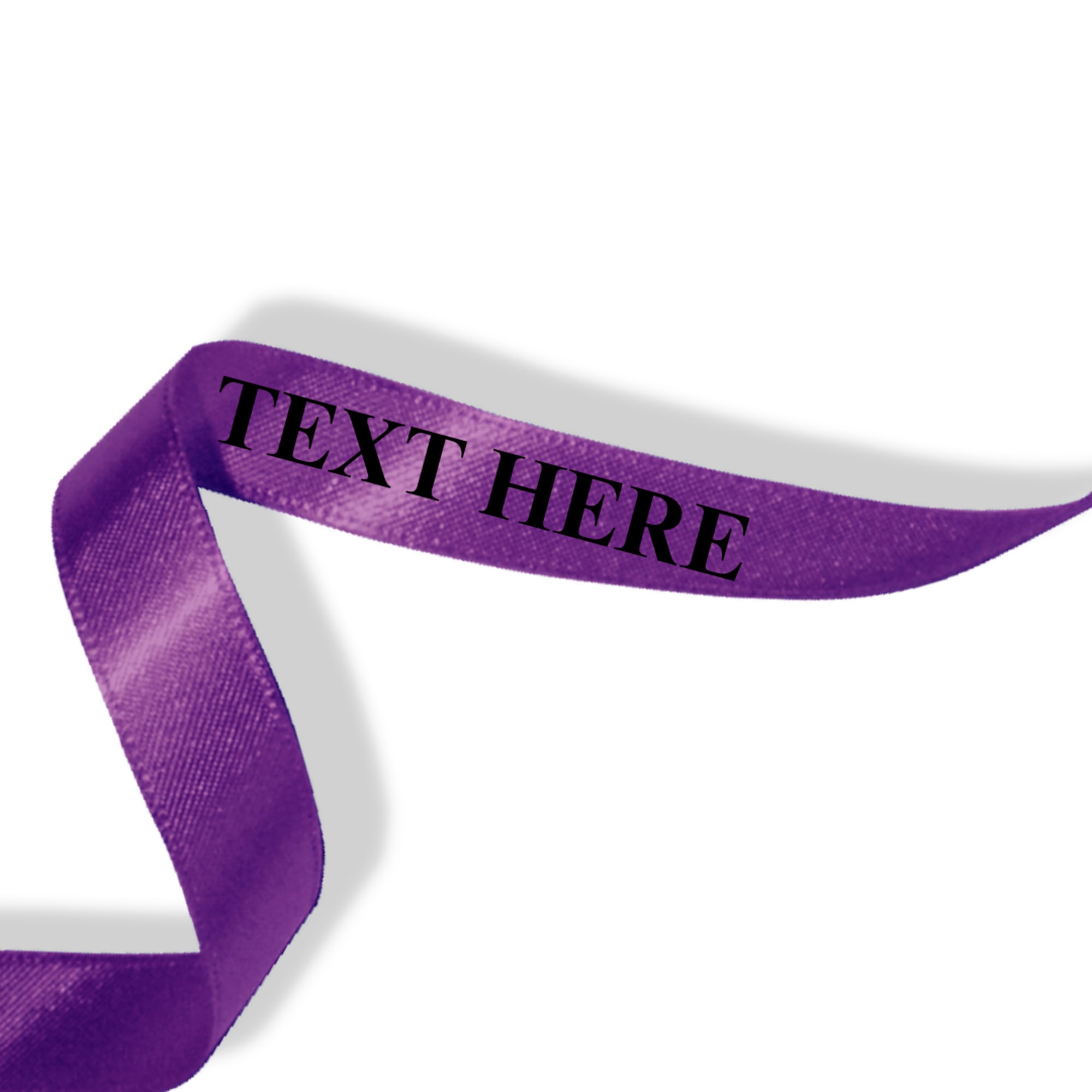 Purple ribbon with printed text on a white background