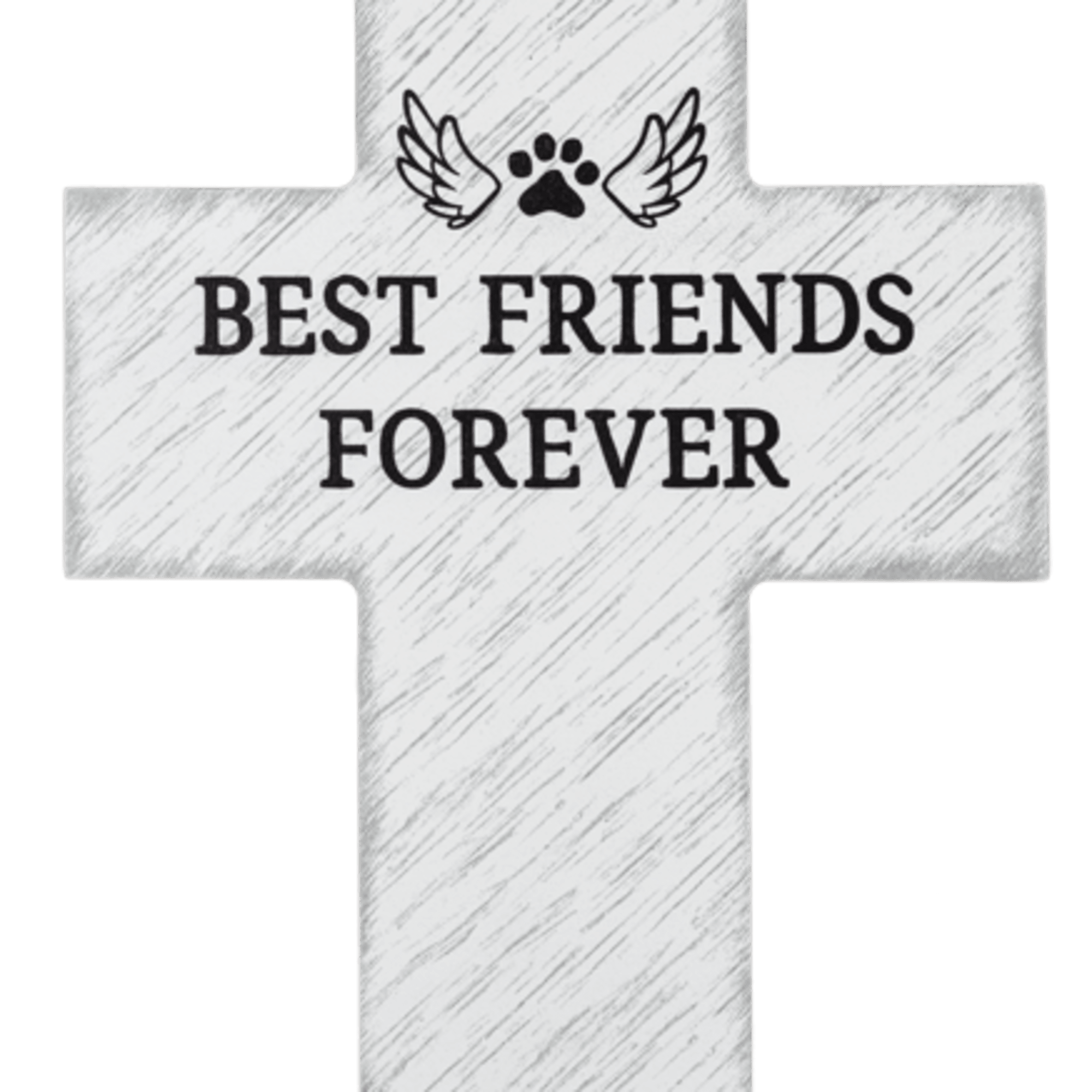 White cross-shaped sign with "Best Friends Forever" text and a paw print graphic